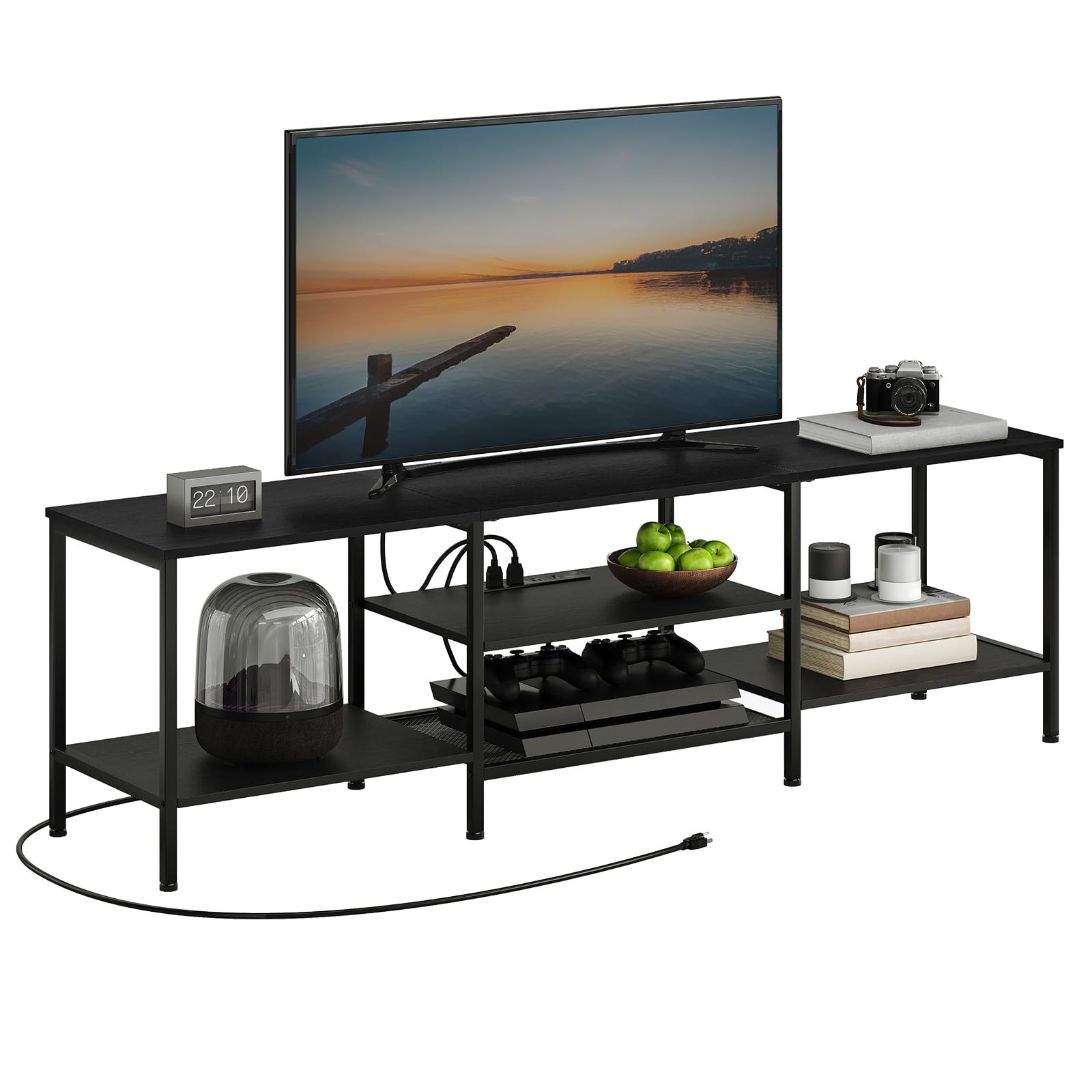 HOOBRO TV Stand with Power Outlets to 75 Inches, TV Console Table with Open Storage Shelves Cabinet, Industrial Media Entertainment Center for Living Room Bedroom, Rustic Brown and Black BF80DS01