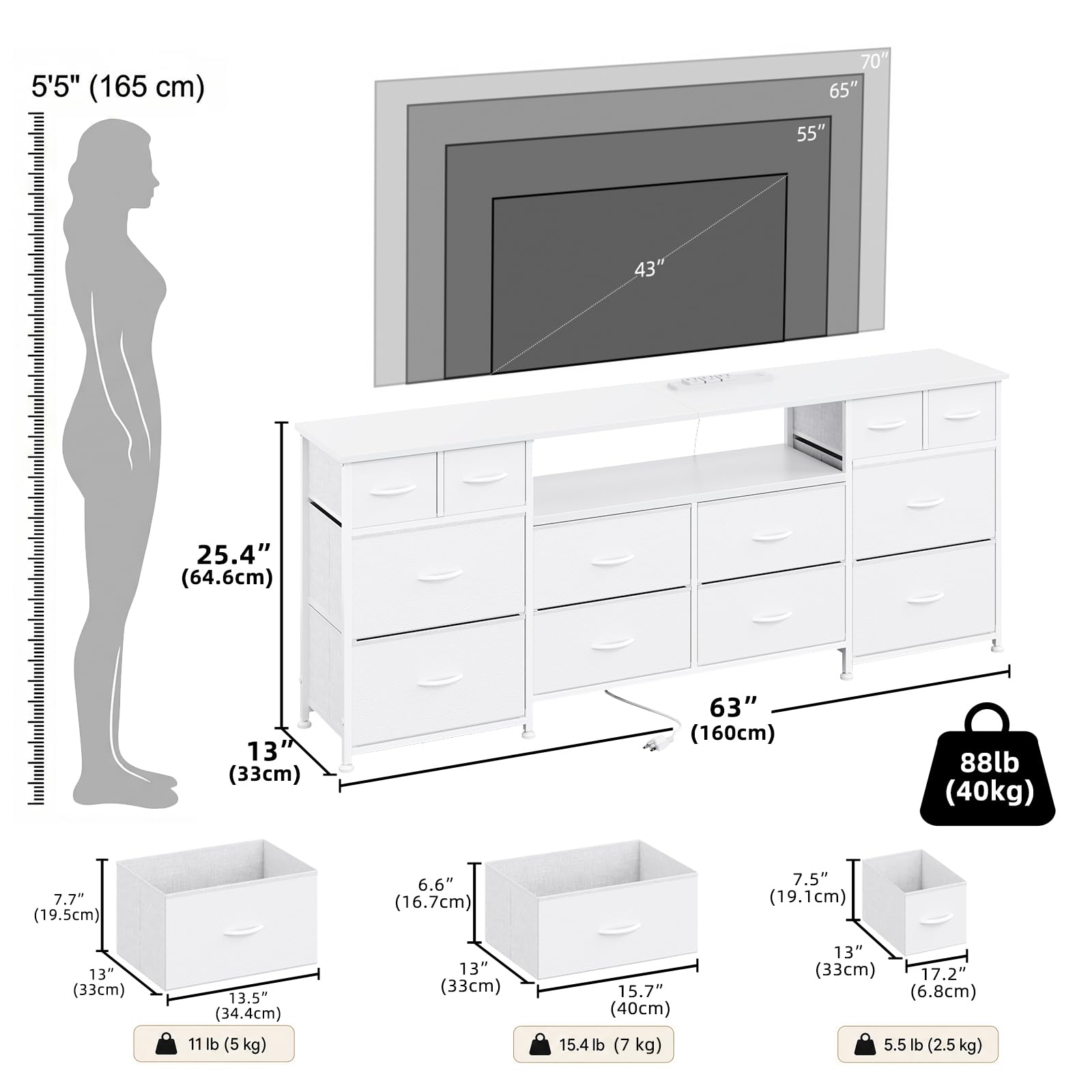 VERMESS 63 Inch 12 Drawers Long Dresser for Bedroom, Chest of Drawers, TV Stand with LED & Power Outlets, Entertainment Center with Storage Shelves, TV Unit for Living Room, for 65, 70 Inch TV, Black