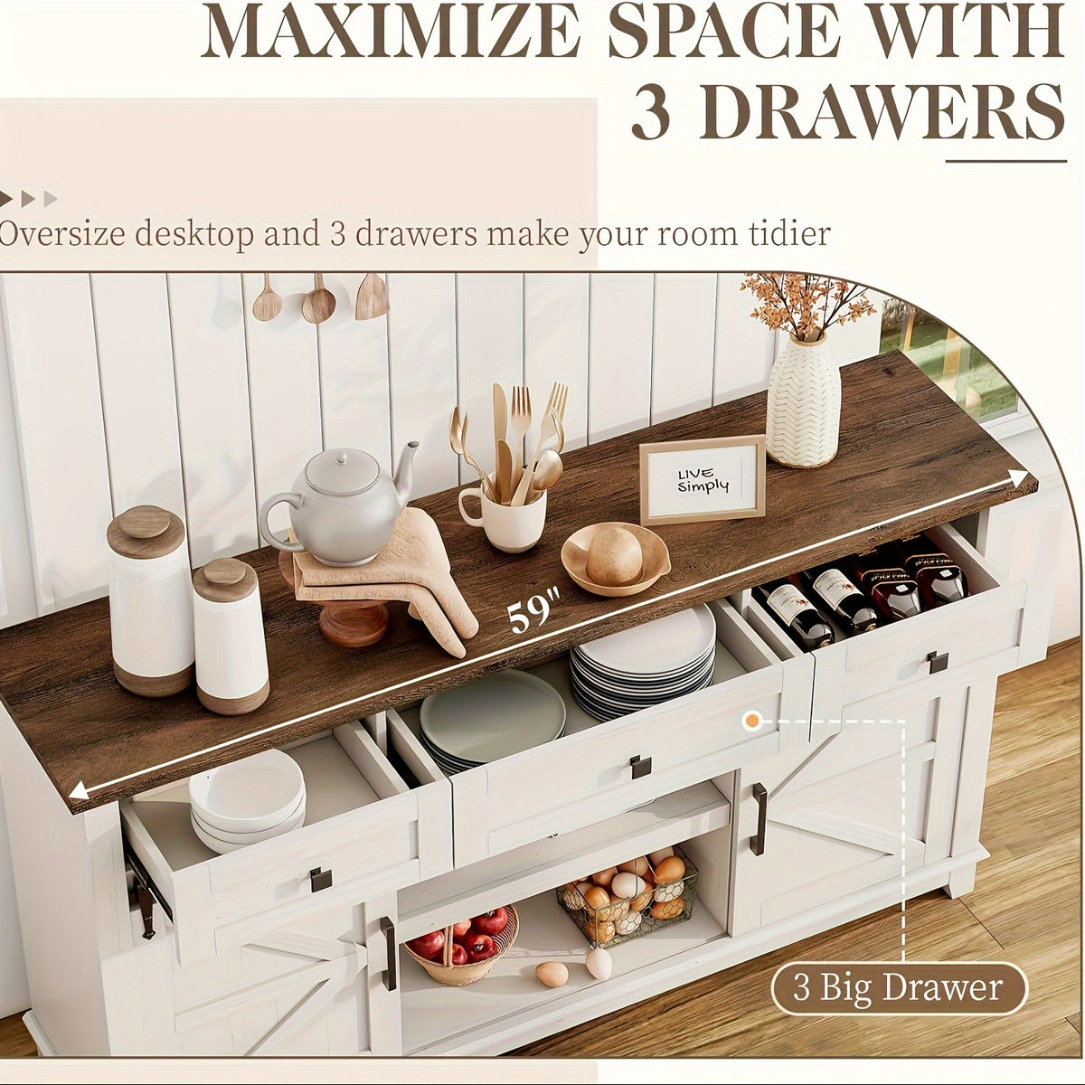 Farmhouse TV Stand with Sliding Barn Door & Drawer, 59" Rustic Entertainment Center for TVs up to 65", Buffet Storage Cabinet for Living Room, Bedroom, Dining Room, Barnwood+White