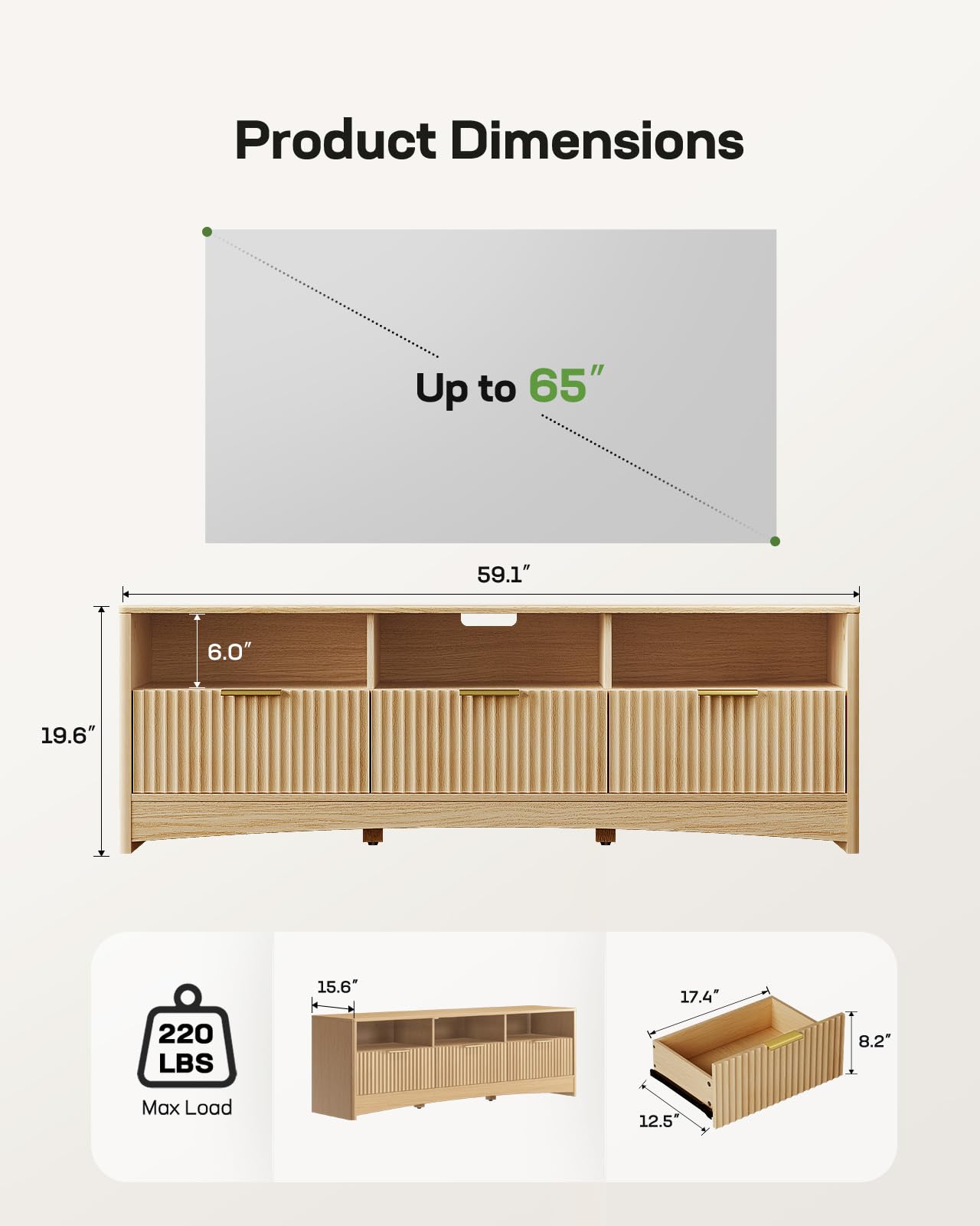 Marsail Fluted TV Stand for 65 inch TV, Modern Entertainment Center with Drawers, Boho TV Stands Wood Media Console Cabinet with Storage and Shelves, TV Consoles for Living Room, Bedroom, Oak