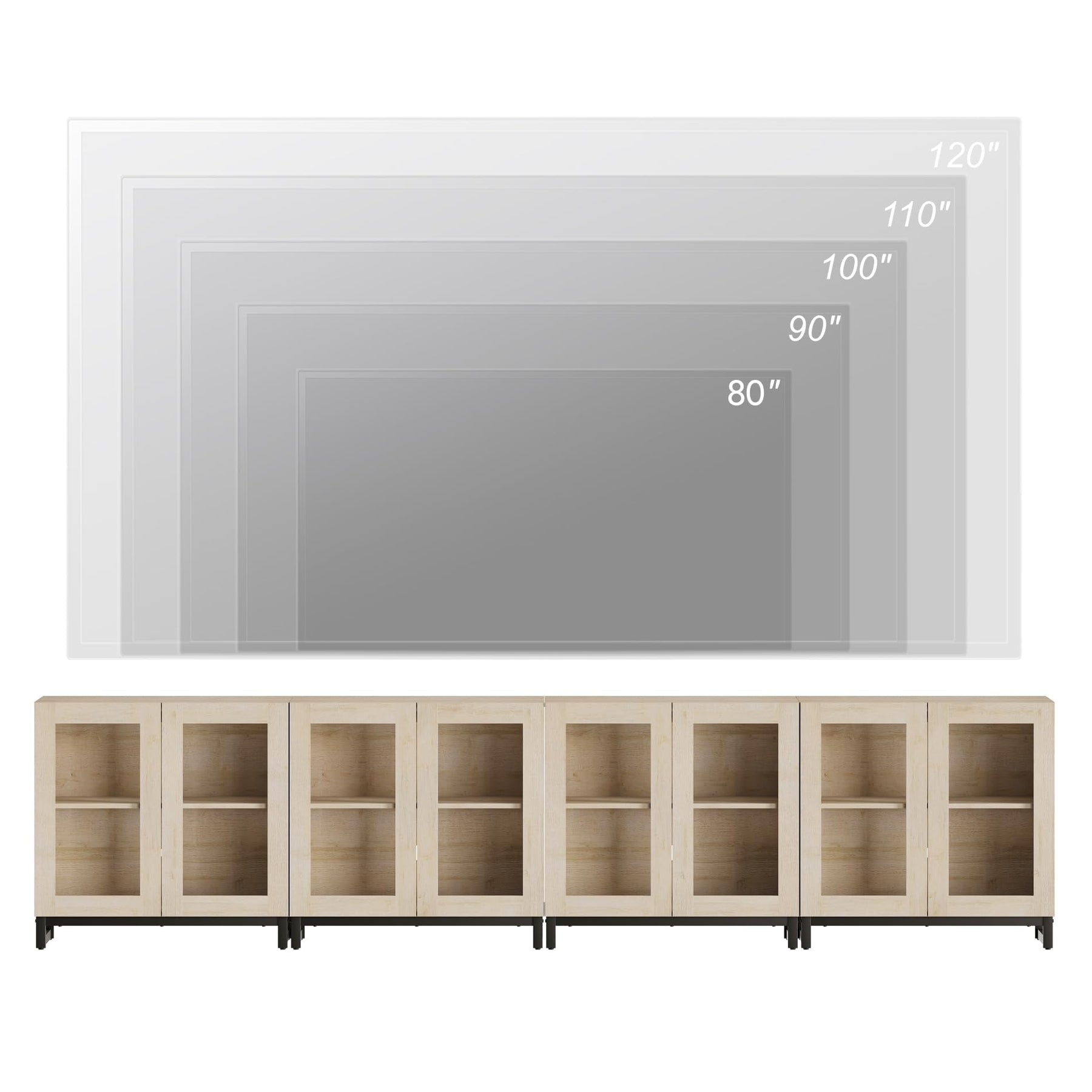 WAMPAT Modern TV Stand with Glass Doors for 80-120 inch TVs, 4 in 1 Entertainment Center Console with 4 Drawers and Metal Base for Living Room, Bedroom, Brown