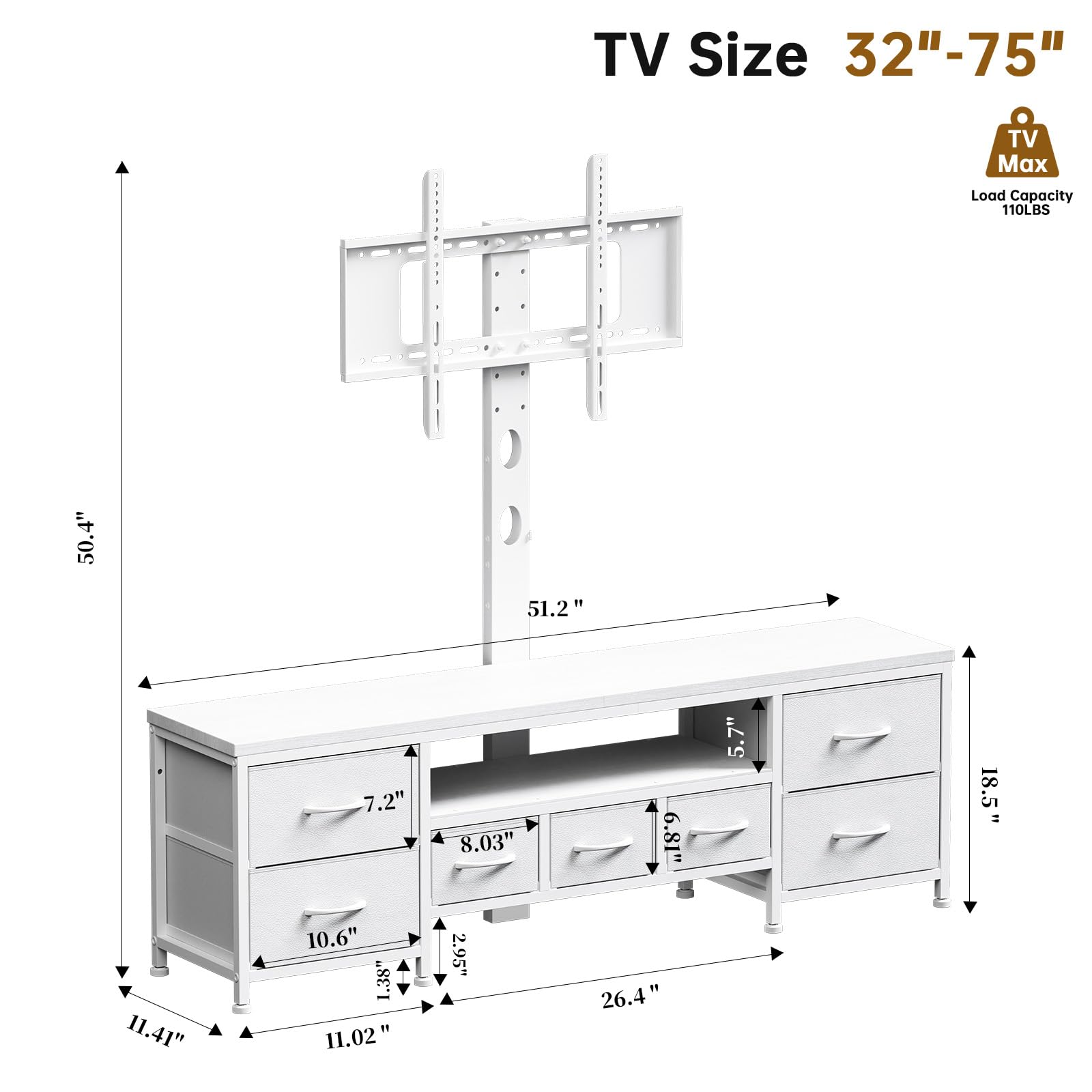 DrawXynth TV Stand with Mount for 45/55/65/75 inch TVs, 51.2" Dresser TV Stand Entertainment Center with 7 Fabric Drawers, Open Storage Shelves, Media Console for Living Room