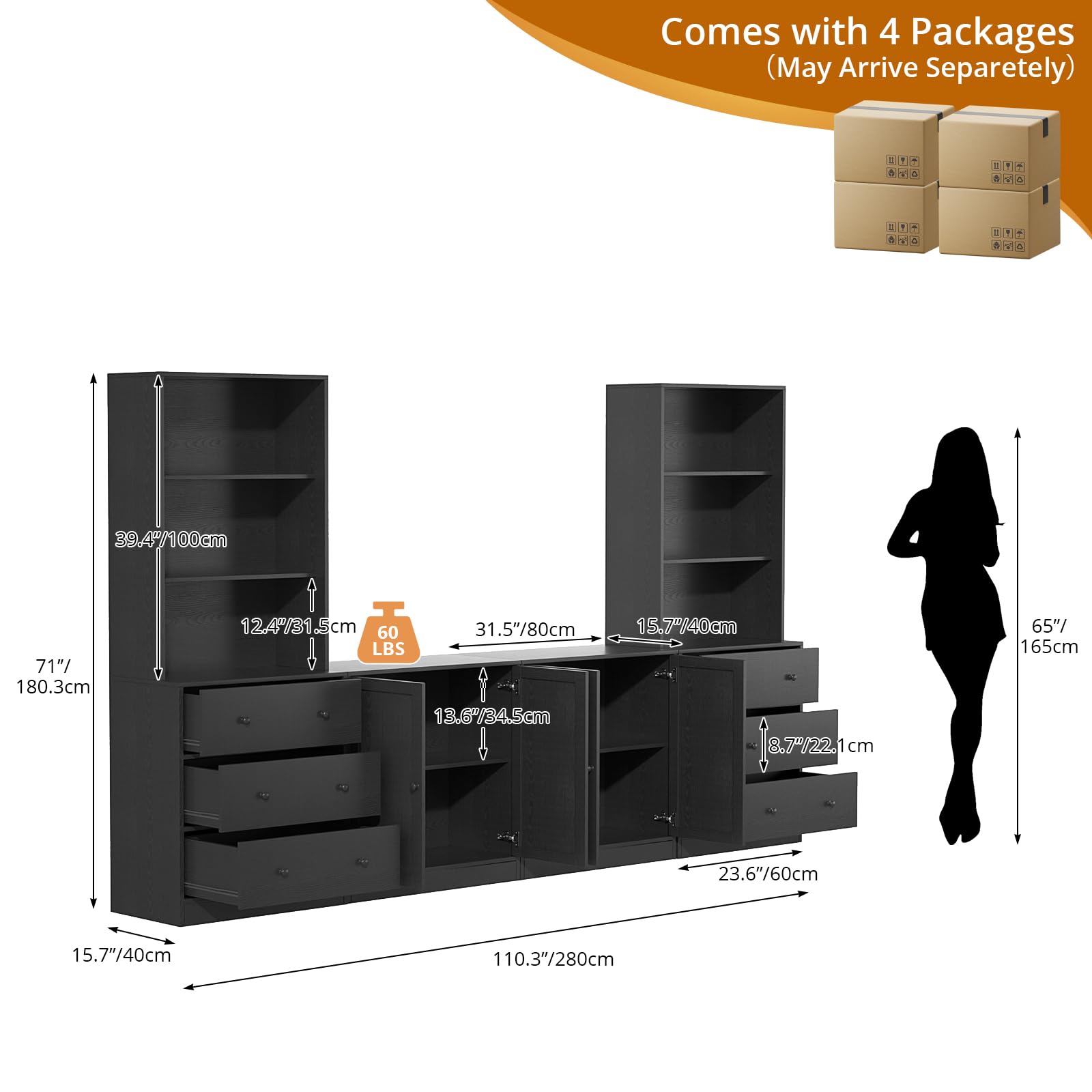 TUSY 71" Large TV Stand Set - TV Entertainment Center for TVs up to 65", Media Center with Tempered Glass Doors and Drawer, TV Hutch with Bookshelves for Living Room (White, BDDB)