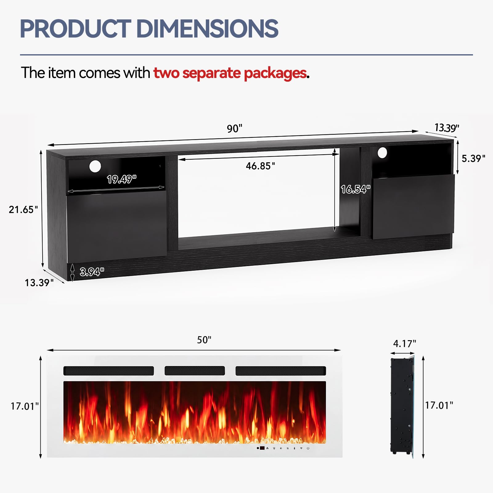 oneinmil Fireplace TV Stand with 36" Electric Fireplace, LED Light Entertainment Center, Modern Wood Texture Entertainment Stand with Highlight Storage Cabinet for TVs Up to 80", 70 inches, Black