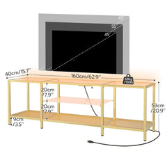 HOOBRO TV Stand with LED Lights and Power Outlets for TVs up to 75", Modern 70.9 Inch Tempered Glass TV Console Table with Open Shelves, Media Entertainment Center for Living Room, Gold GD185UDS01