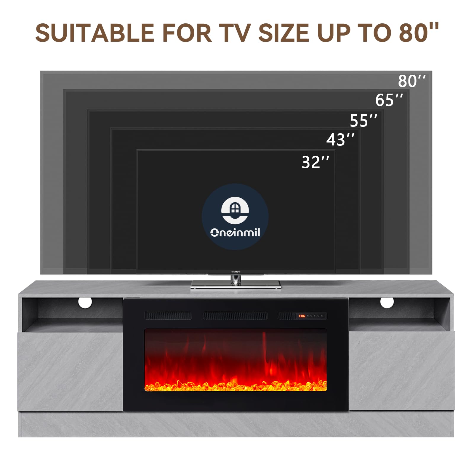 oneinmil Fireplace TV Stand with 36" Electric Fireplace, LED Light Entertainment Center, Modern Wood Texture Entertainment Stand with Highlight Storage Cabinet for TVs Up to 80", 70 inches, Black