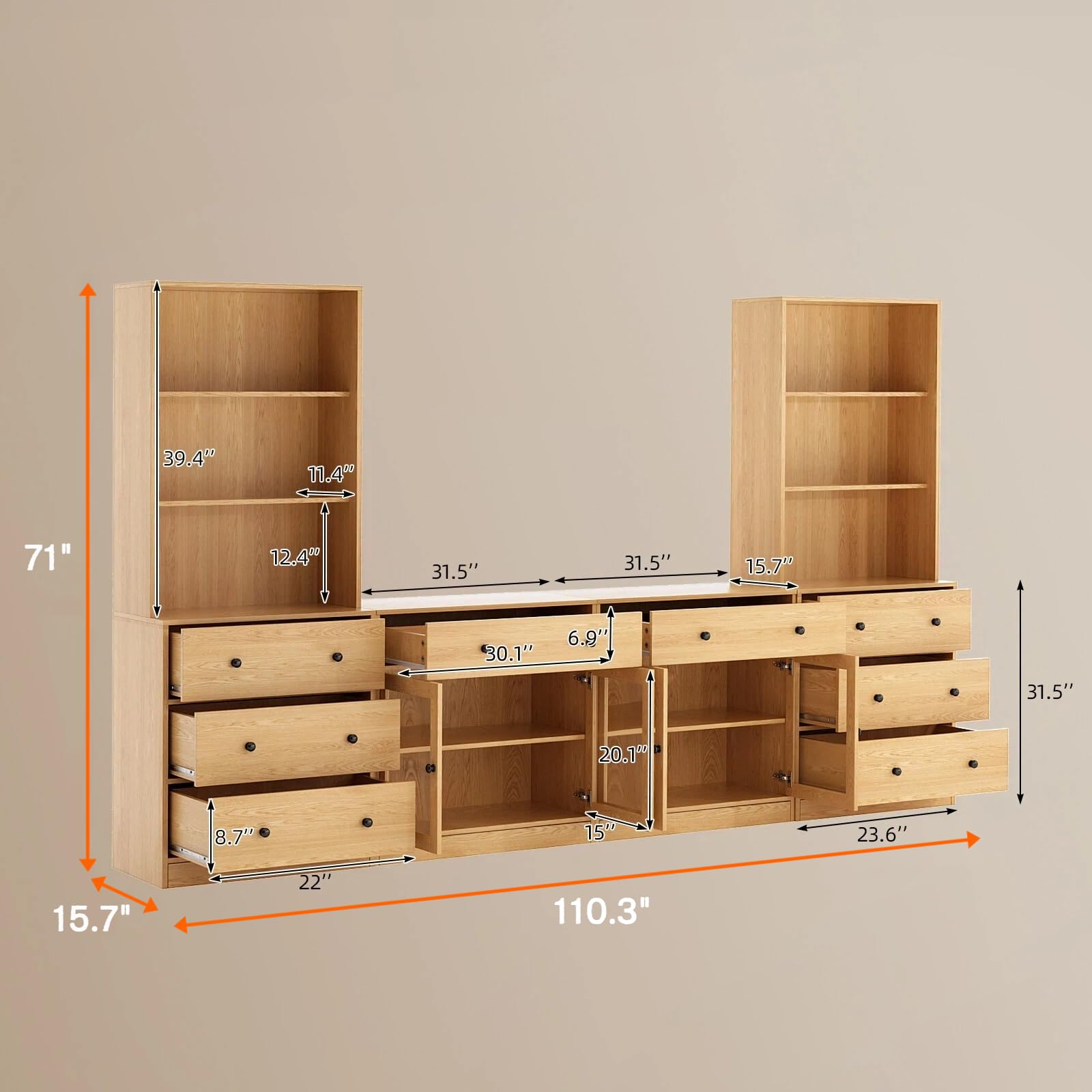 TUSY 71" Large TV Stand Set - TV Entertainment Center for TVs up to 65", Media Center with Tempered Glass Doors and Drawer, TV Hutch with Bookshelves for Living Room (White, BDDB)
