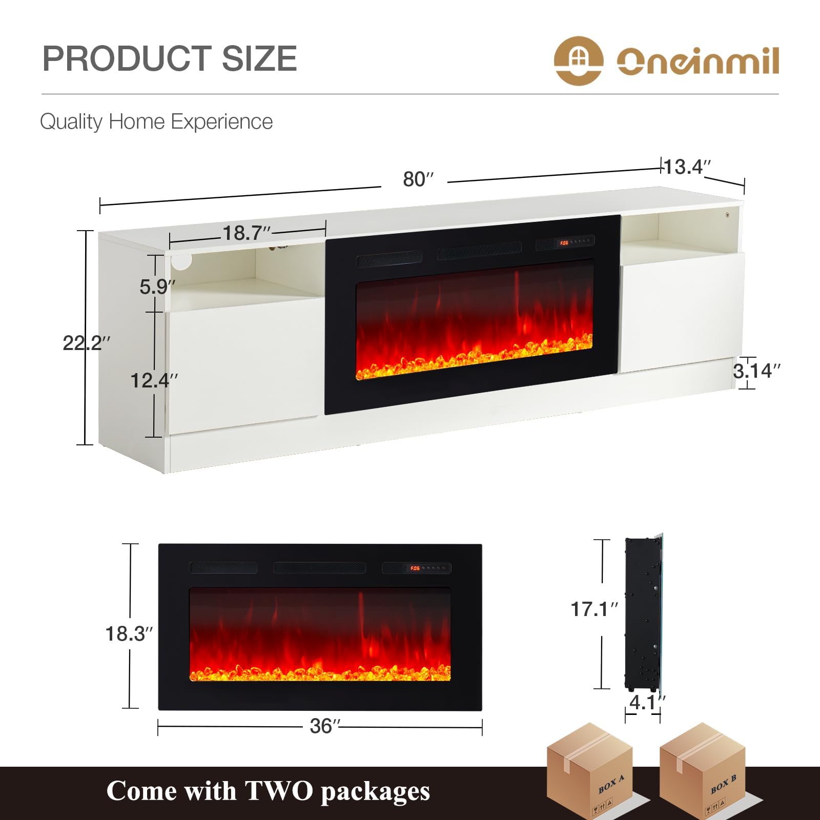 oneinmil Fireplace TV Stand with 36" Electric Fireplace, LED Light Entertainment Center, Modern Wood Texture Entertainment Stand with Highlight Storage Cabinet for TVs Up to 80", 70 inches, Black