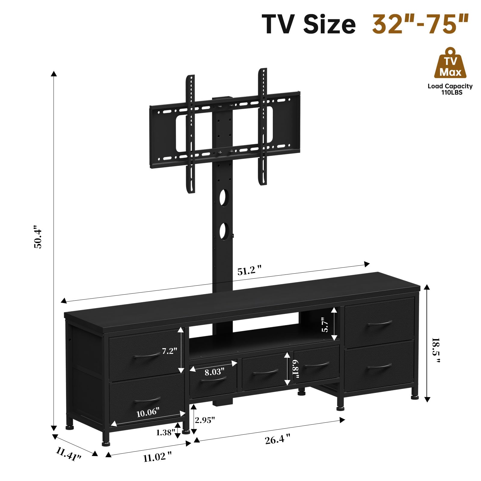 DrawXynth TV Stand with Mount for 45/55/65/75 inch TVs, 51.2" Dresser TV Stand Entertainment Center with 7 Fabric Drawers, Open Storage Shelves, Media Console for Living Room