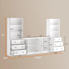 TUSY 71" Large TV Stand Set - TV Entertainment Center for TVs up to 65", Media Center with Tempered Glass Doors and Drawer, TV Hutch with Bookshelves for Living Room (White, BDDB)