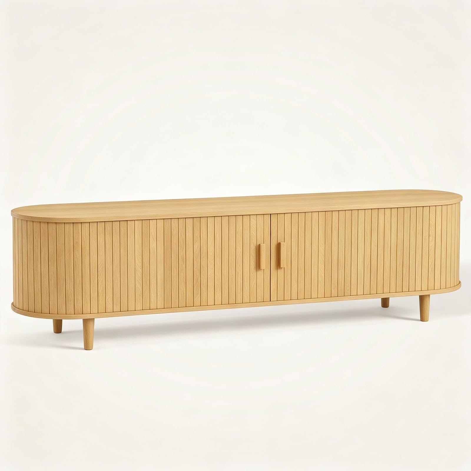 OneBlis 70" Mid Century Modern TV Stand, Wood TV Consoles with Sliding Doors and Power Outlet, Entertainment Center with Adjustable Shelves, Fluted TV Stands for Living Room, Walnut