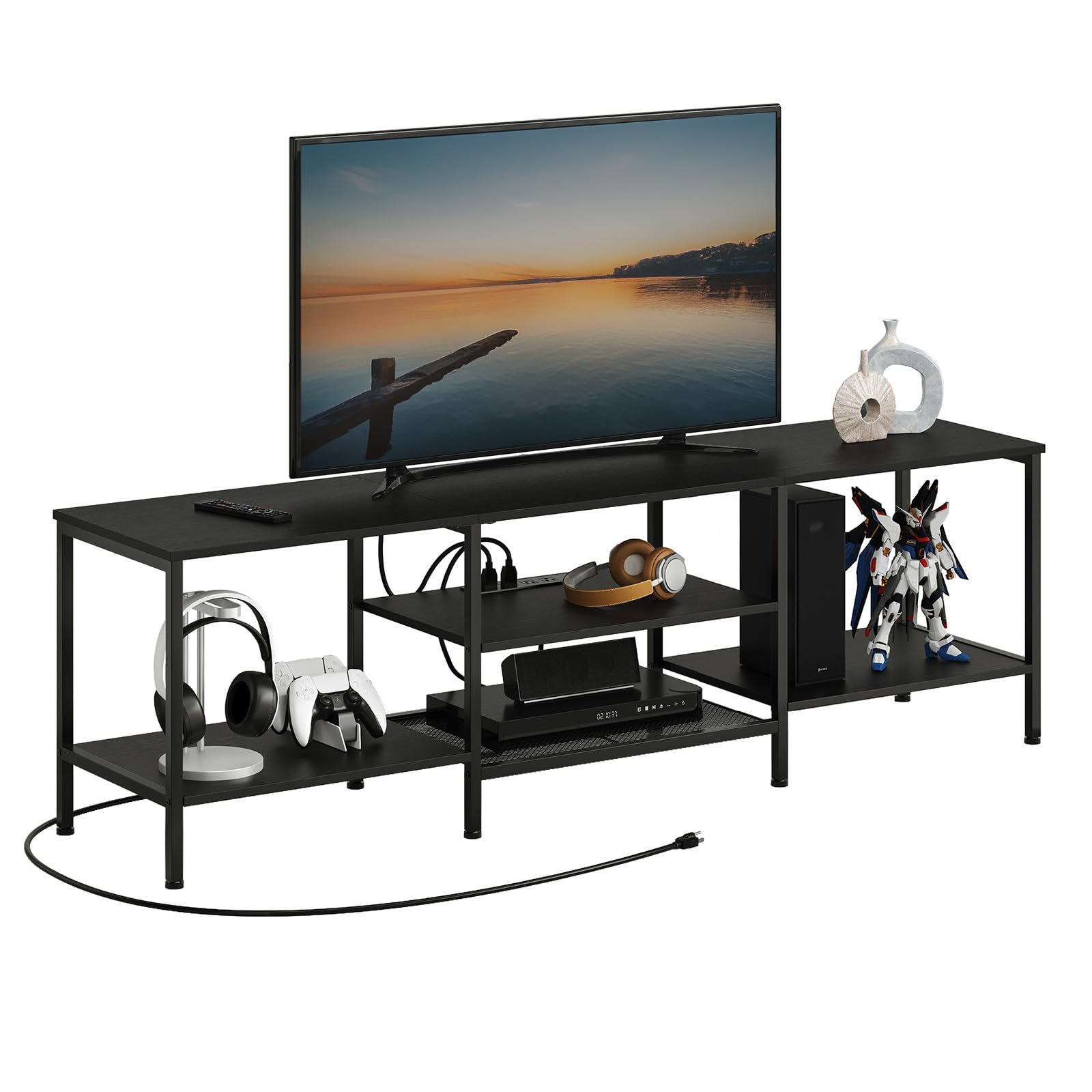 HOOBRO TV Stand with Power Outlets to 75 Inches, TV Console Table with Open Storage Shelves Cabinet, Industrial Media Entertainment Center for Living Room Bedroom, Rustic Brown and Black BF80DS01