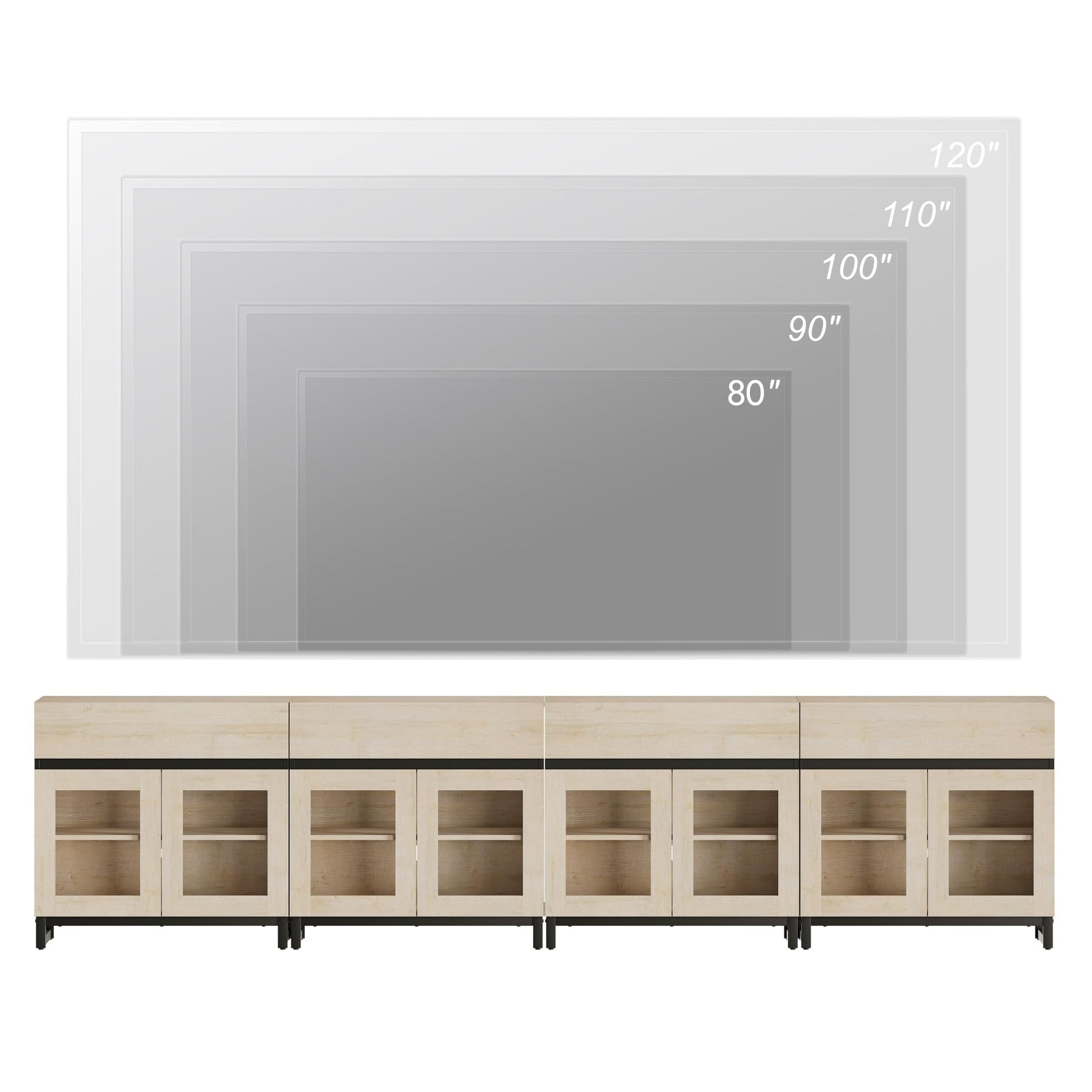 WAMPAT Modern TV Stand with Glass Doors for 80-120 inch TVs, 4 in 1 Entertainment Center Console with 4 Drawers and Metal Base for Living Room, Bedroom, Brown