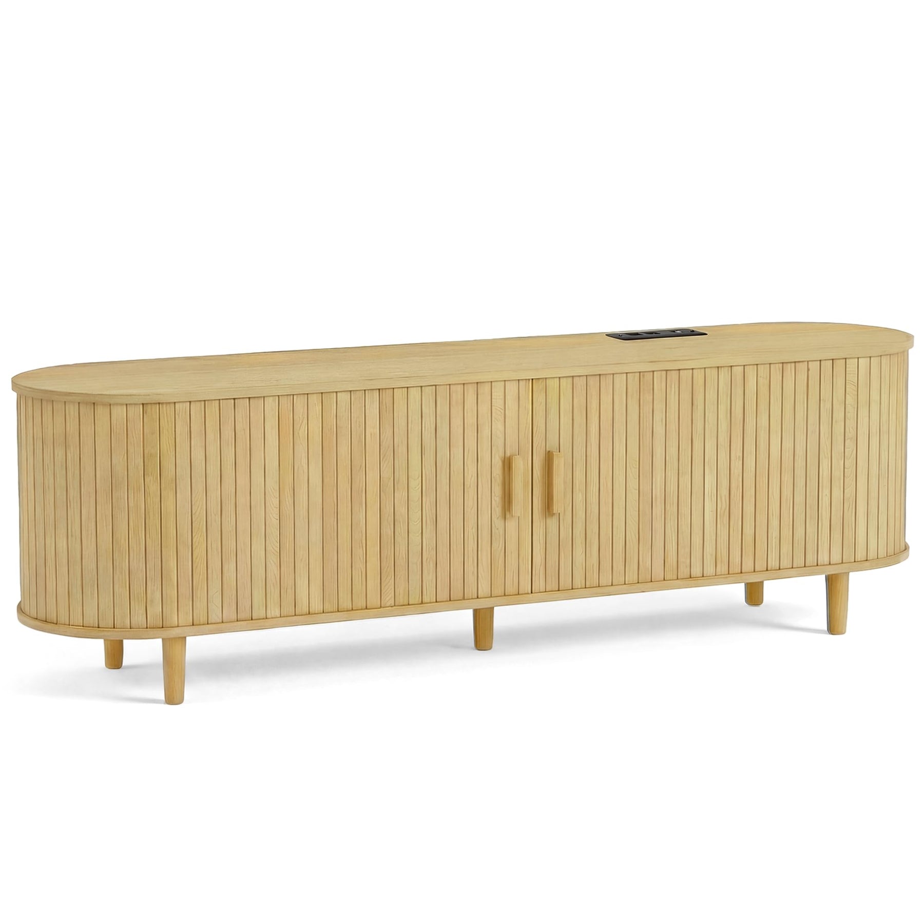 OneBlis 70" Mid Century Modern TV Stand, Wood TV Consoles with Sliding Doors and Power Outlet, Entertainment Center with Adjustable Shelves, Fluted TV Stands for Living Room, Walnut