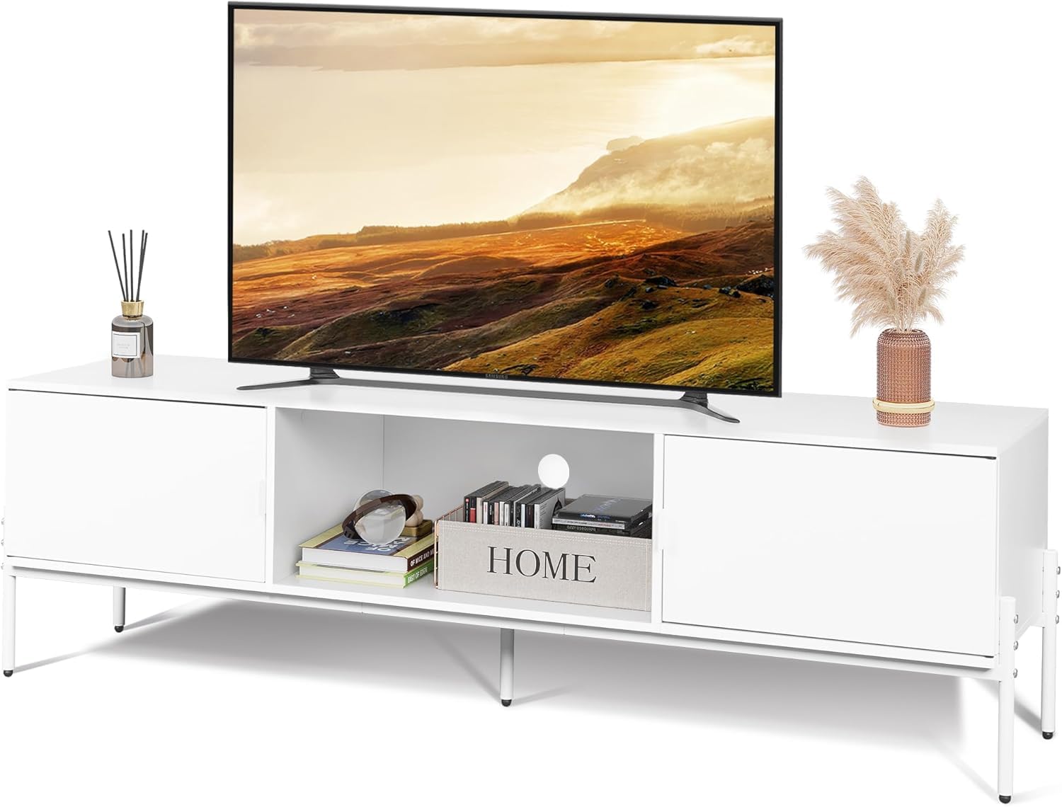 WLIVE 58" TV Stand for 65 Inch TVs, Mid Century Modern Entertainment Center with 2 Storage Cabinets & Open Shelf, Media Console Table with Metal Legs for Living Room, Bedroom, Rustic Brown