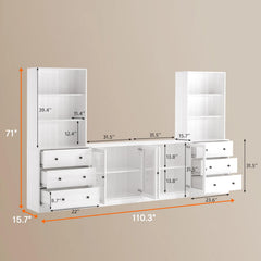 TUSY 71" Large TV Stand Set - TV Entertainment Center for TVs up to 65", Media Center with Tempered Glass Doors and Drawer, TV Hutch with Bookshelves for Living Room (White, BDDB)