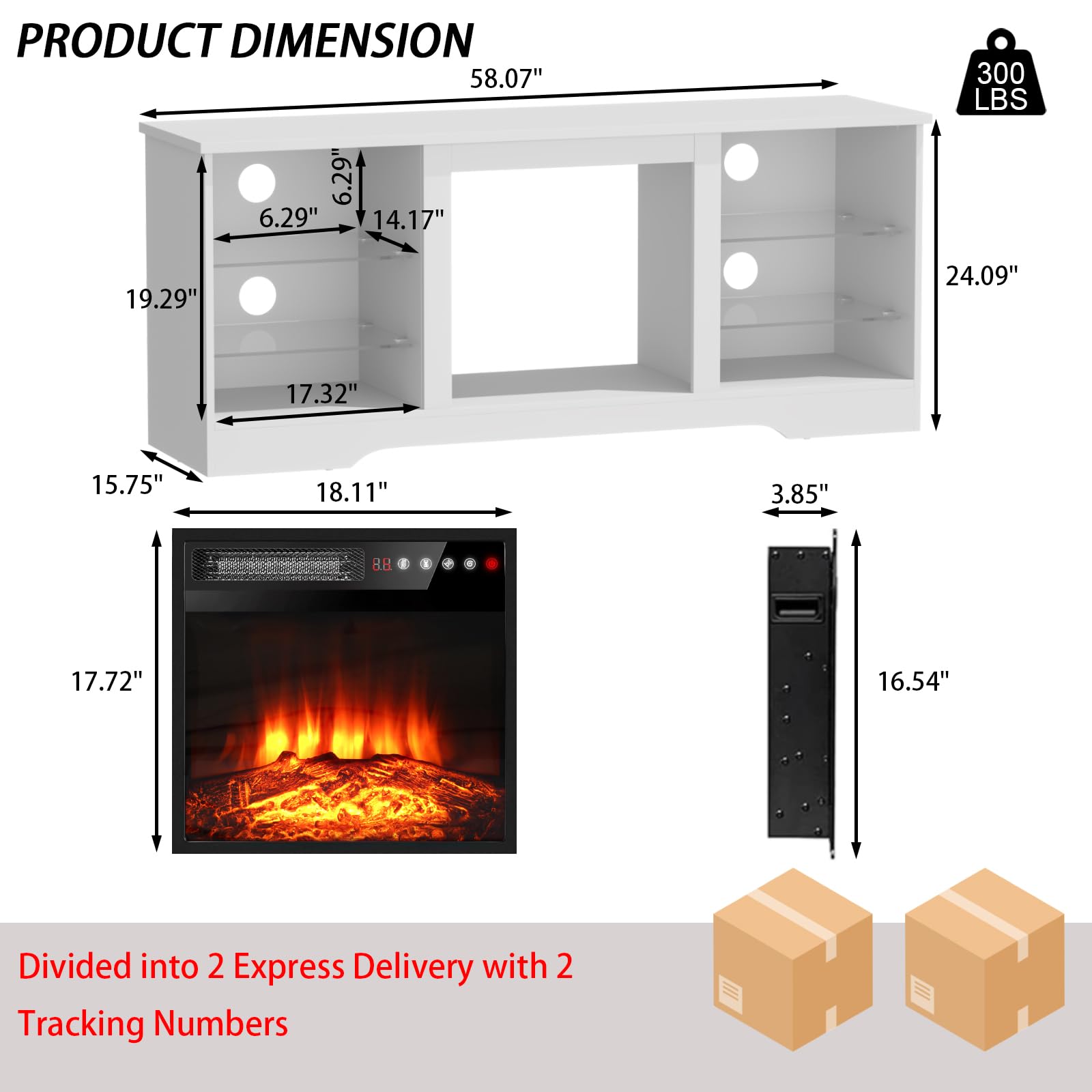 PRETZI Fireplace TV Stand with 36" Fireplace Up to 80" TVs for Living Room