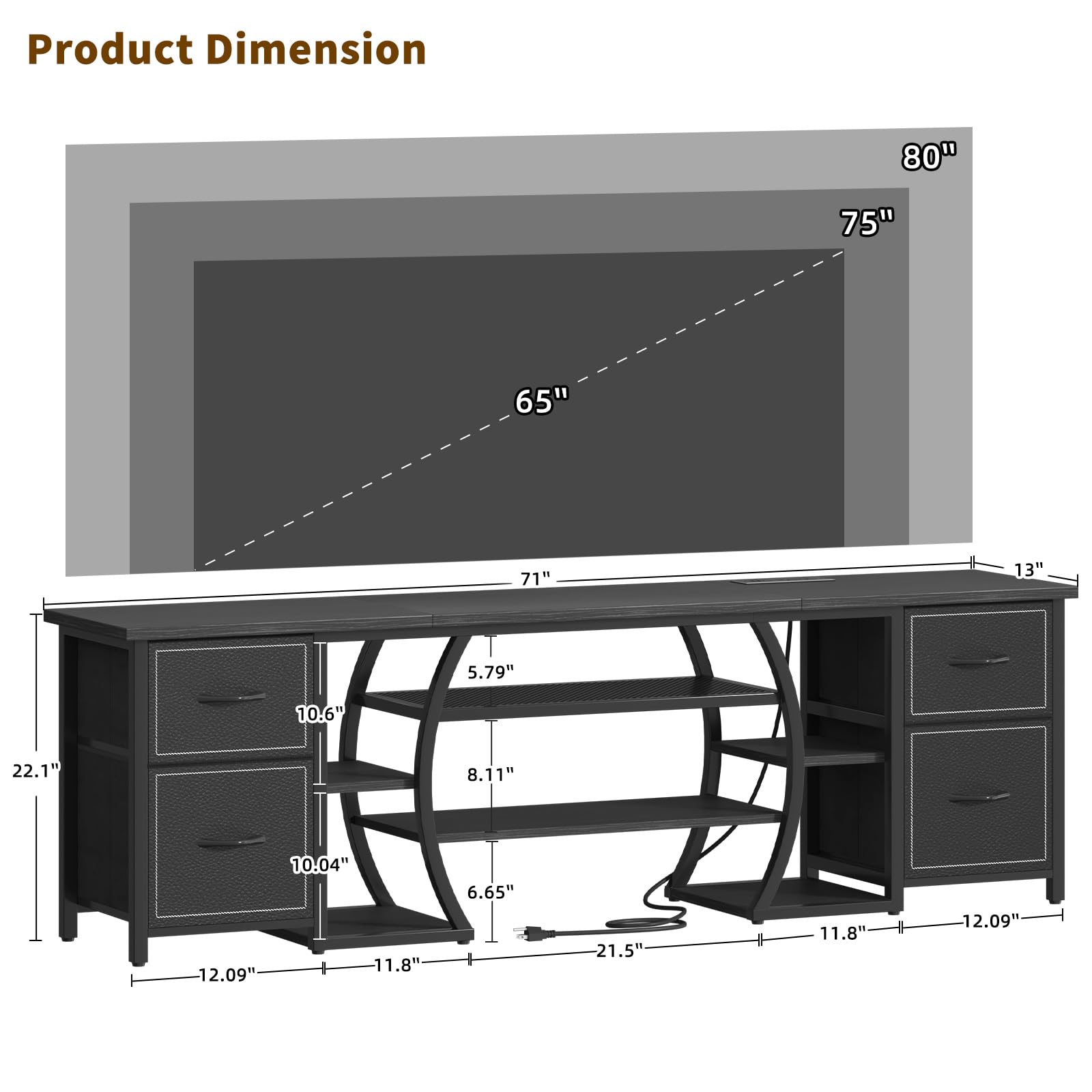 ZHNSYDN LED TV Stand for 65, 70, 80 Inch TV,71 Inch Industrial Entertainment Center with Power Outlets,Media Console Table with Open Storage Shelves & Fabric Drawers for Living Room Bedroom,Greige