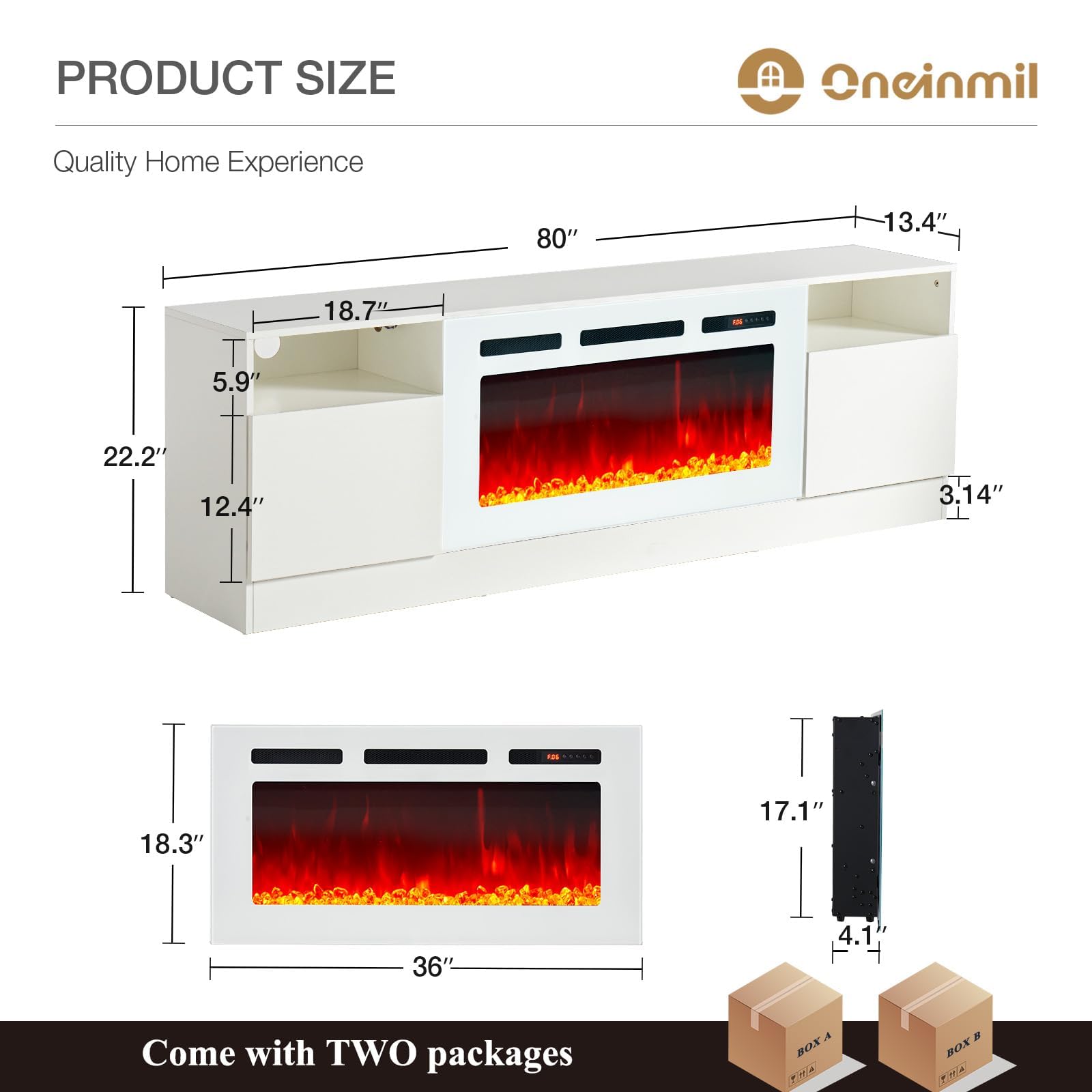 oneinmil Fireplace TV Stand with 36" Electric Fireplace, LED Light Entertainment Center, Modern Wood Texture Entertainment Stand with Highlight Storage Cabinet for TVs Up to 80", 70 inches, Black