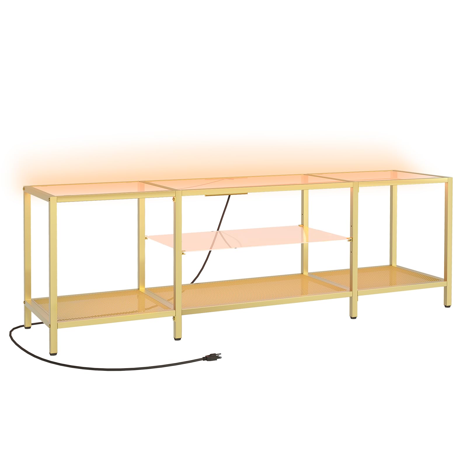 HOOBRO TV Stand with LED Lights and Power Outlets for TVs up to 75", Modern 70.9 Inch Tempered Glass TV Console Table with Open Shelves, Media Entertainment Center for Living Room, Gold GD185UDS01