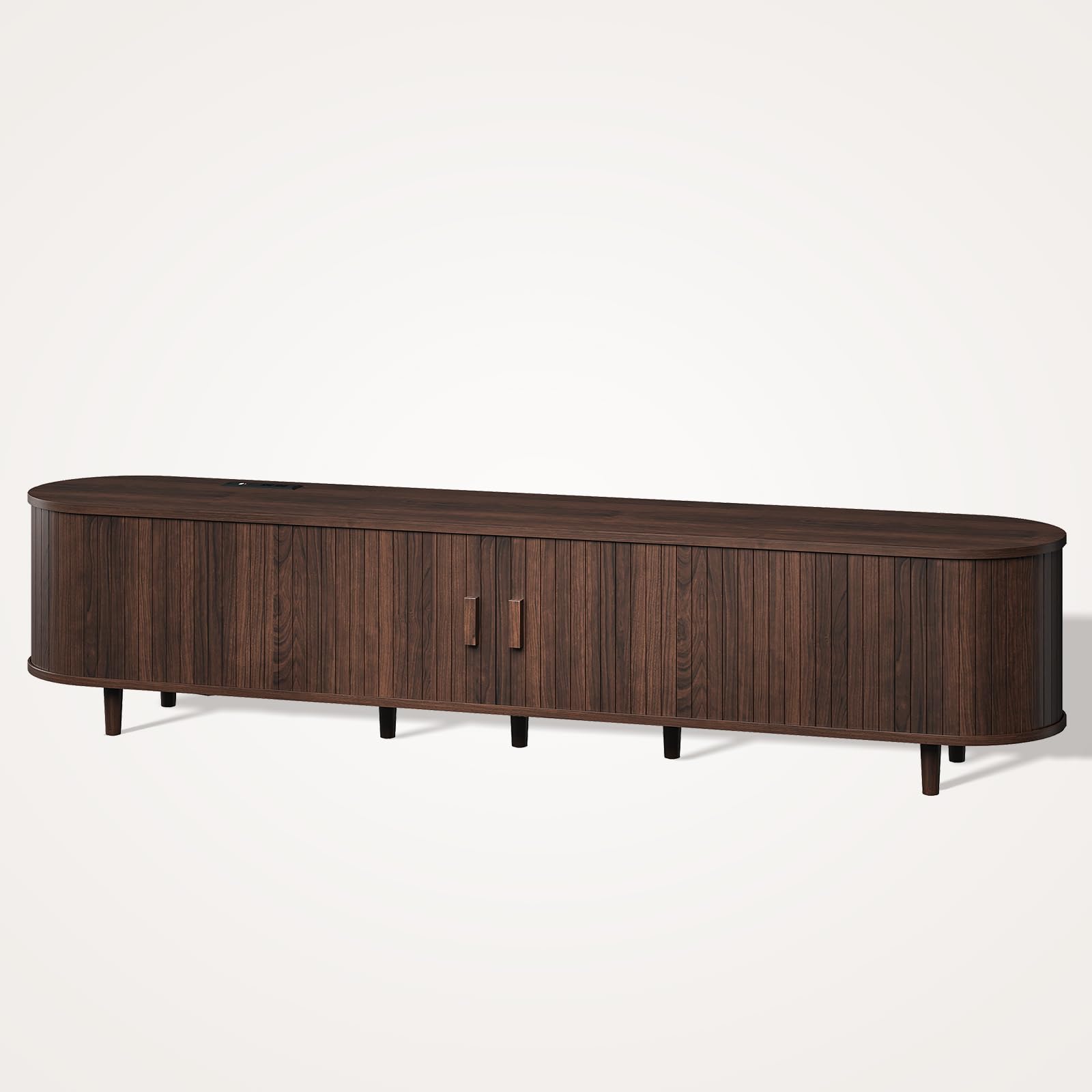 OneBlis 70" Mid Century Modern TV Stand, Wood TV Consoles with Sliding Doors and Power Outlet, Entertainment Center with Adjustable Shelves, Fluted TV Stands for Living Room, Walnut