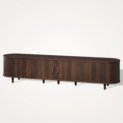 OneBlis 70" Mid Century Modern TV Stand, Wood TV Consoles with Sliding Doors and Power Outlet, Entertainment Center with Adjustable Shelves, Fluted TV Stands for Living Room, Walnut
