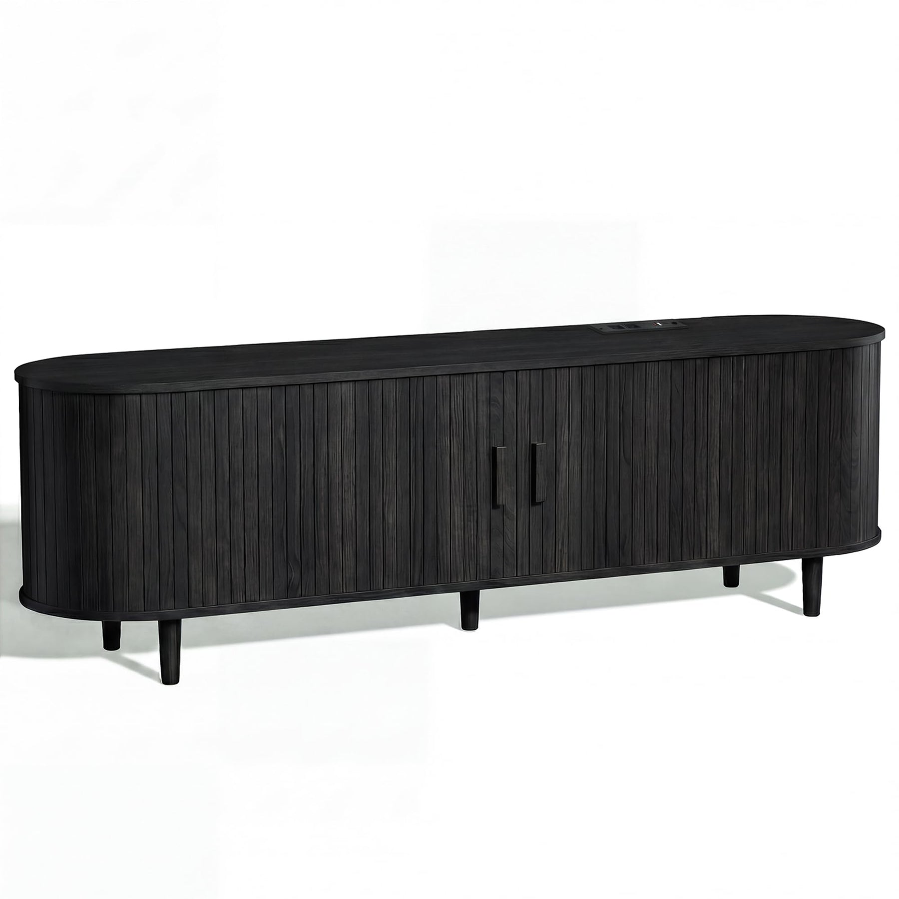 OneBlis 70" Mid Century Modern TV Stand, Wood TV Consoles with Sliding Doors and Power Outlet, Entertainment Center with Adjustable Shelves, Fluted TV Stands for Living Room, Walnut