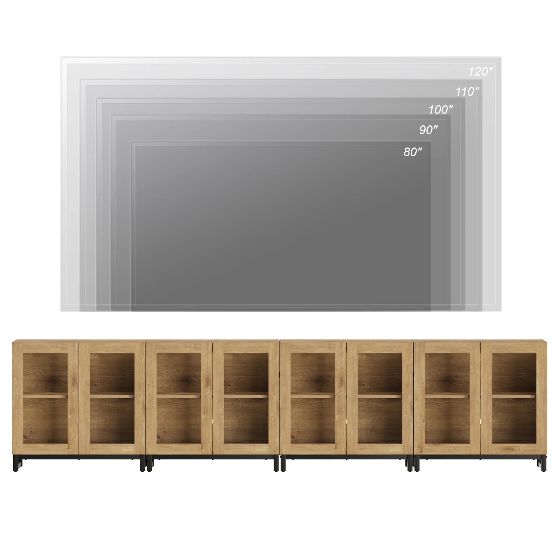 WAMPAT Modern TV Stand with Glass Doors for 80-120 inch TVs, 4 in 1 Entertainment Center Console with 4 Drawers and Metal Base for Living Room, Bedroom, Brown