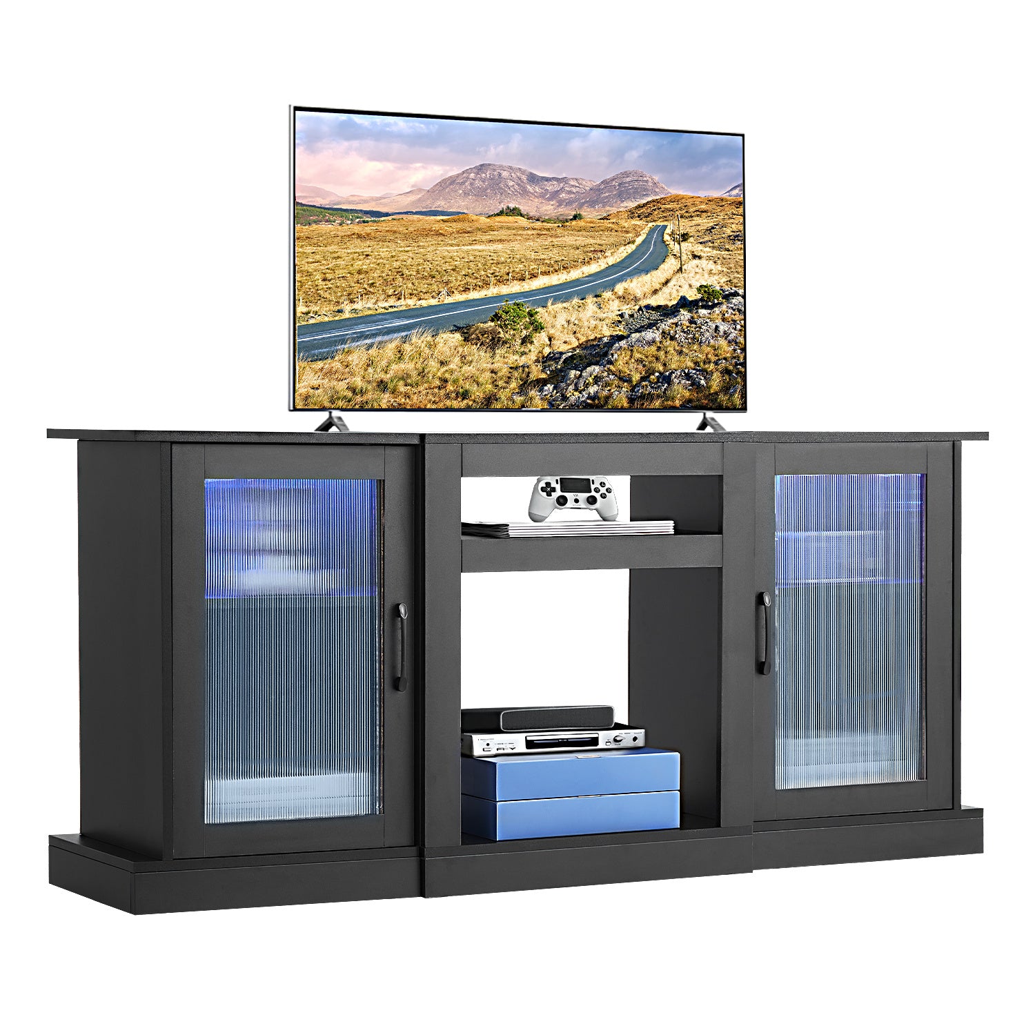 VEVOR TV Stand for 65 in TVs Farmhouse Entertainment Center with Light Strip Gray/Black