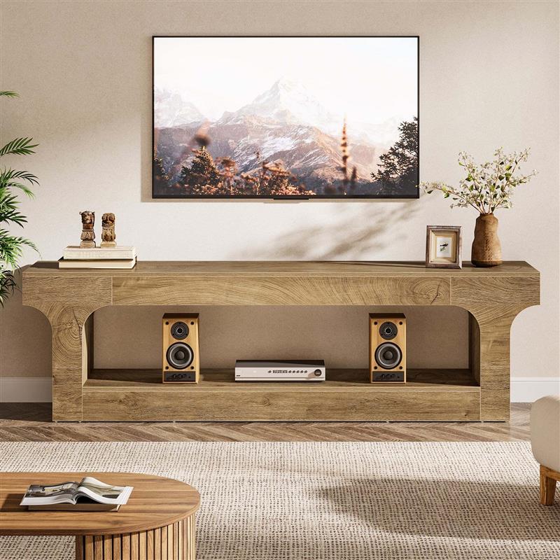 63' Farmhouse TV Stand for 55-75 Inch TVs, Entertainment Center with 2-Tier Open Storage Shelves