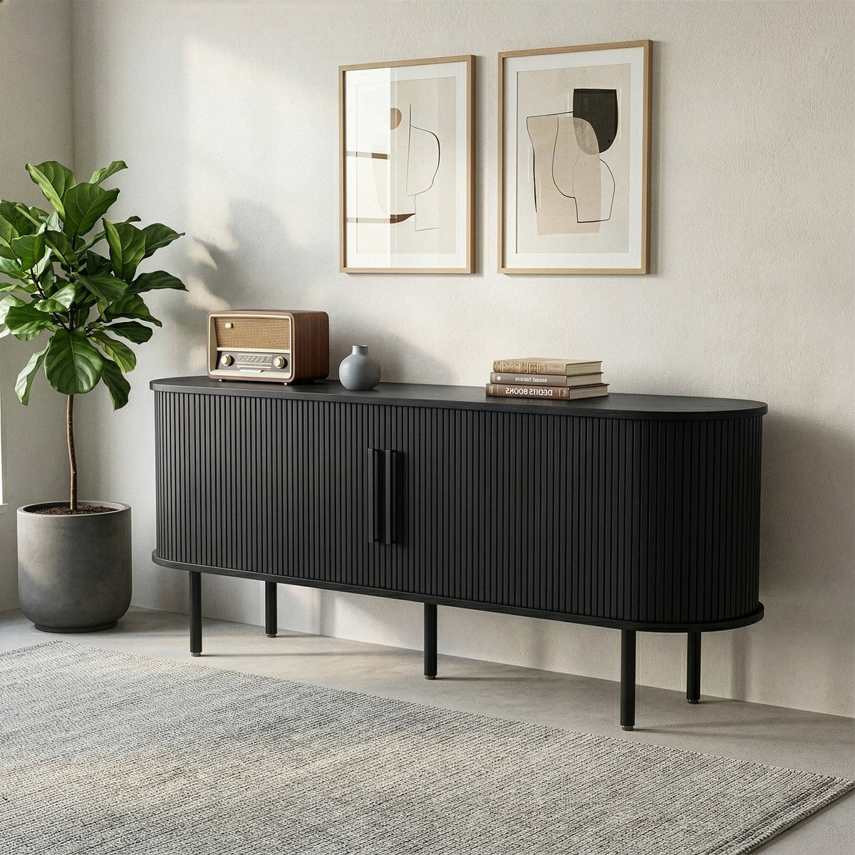 Black Embossed Particle Board TV Stand, Oval Tabletop 147×35×58cm, Entertainment Center with Slatted Sliding Doors, Modern Media Console Cabinet for Living Room