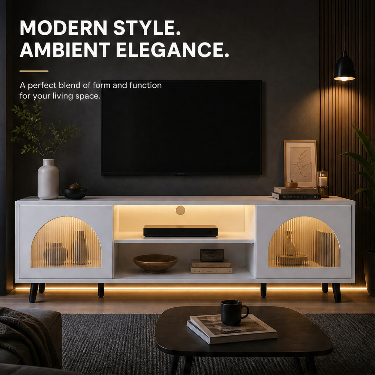 Modern White TV Stand with LED Ambient Light, Arched Fluted Glass Doors, Media Console with Open Shelves And Cable Management Hole, 330Lbs Capacity Fits 70 Inch TV for Living Room Bedroom