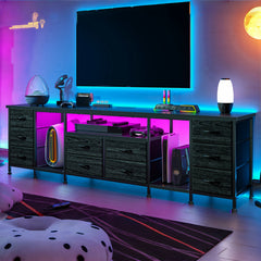 "85" TV Stand Dresser For 75-85" TVs, 75.5" Wide Entertainment Center With LED Lights, 10 Drawers & Power Outlets, Modern Bedroom Dresser (Brown/Black/White)