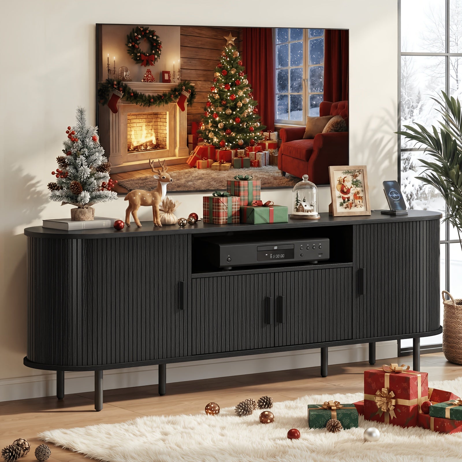 Modern 69" TV Stand with Sliding Door Storage Cabinet & Power Outlet - Entertainment Center Suitable for TVs Up to 80", Adjustable Shelves, Plug, Assembly Required for Media Room, Theater, Furniture