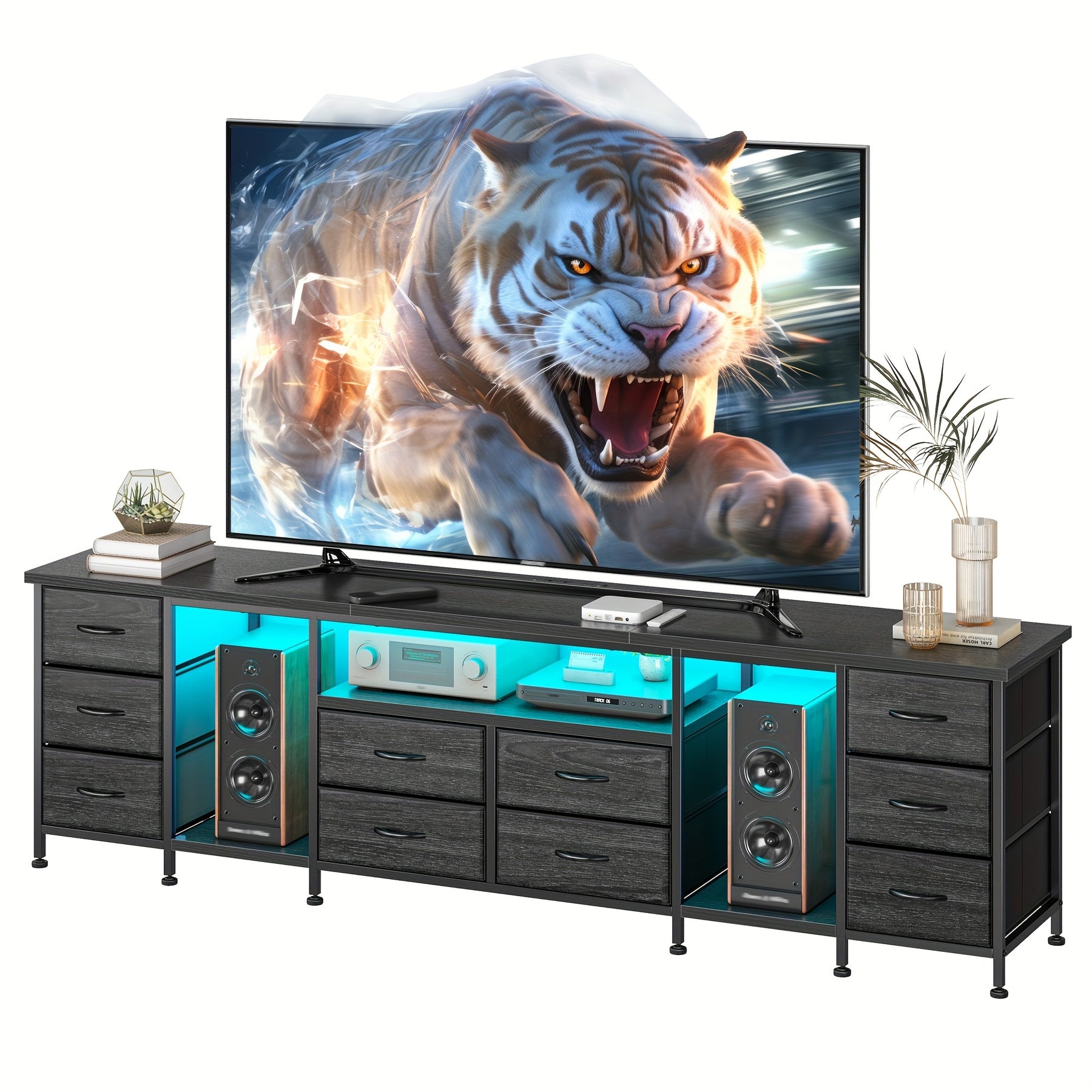 Fits 85" TV Stand Dresser for 75 80 85 Inch TV 75.5" W Dresser TV Stand for Bedroom with LED & Power Outlets & 10 Drawers Brown Dresser for Bedroom Long Fabric Dresser Entertainment Center, Two Colors.