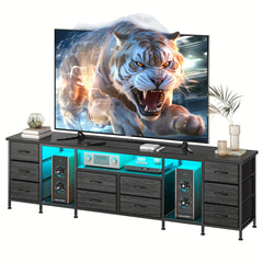 Fits 85" TV Stand Dresser for 75 80 85 Inch TV 75.5" W Dresser TV Stand for Bedroom with LED & Power Outlets & 10 Drawers Brown Dresser for Bedroom Long Fabric Dresser Entertainment Center, Two Colors.
