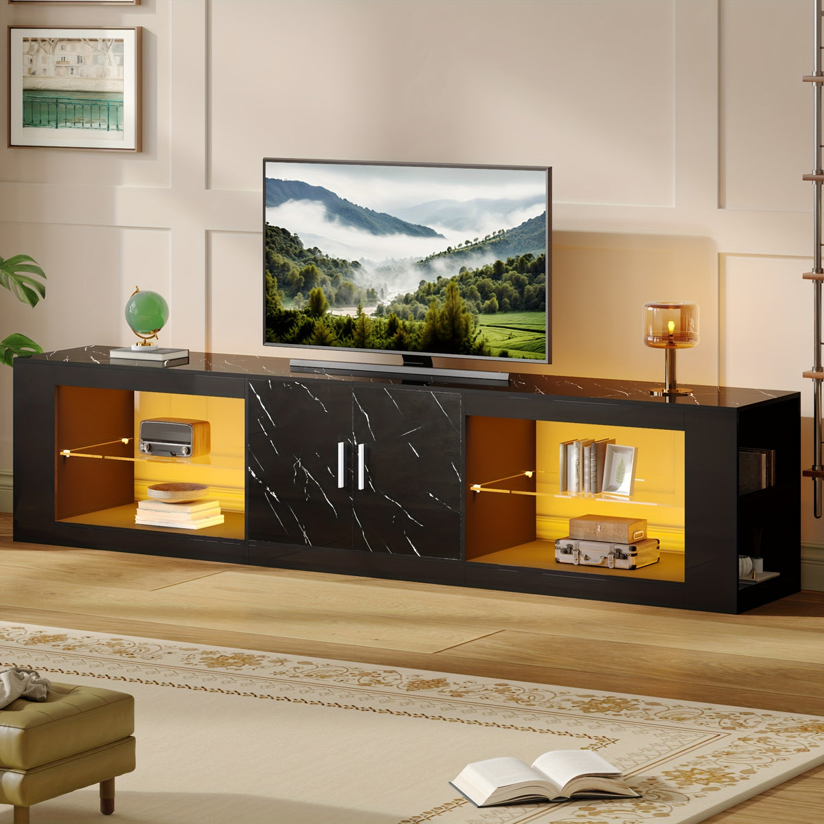 LED TV Stand for 55/60/65/70/75/80 Inch TV, Marble Pattern Gaming Entertainment Center with PS5, Xbox, Modern TV Cabinet with Storage And LED Lights, TV Console with Adjustable Glass Shelves for Living Room, Bedroom, White Or Black Marble