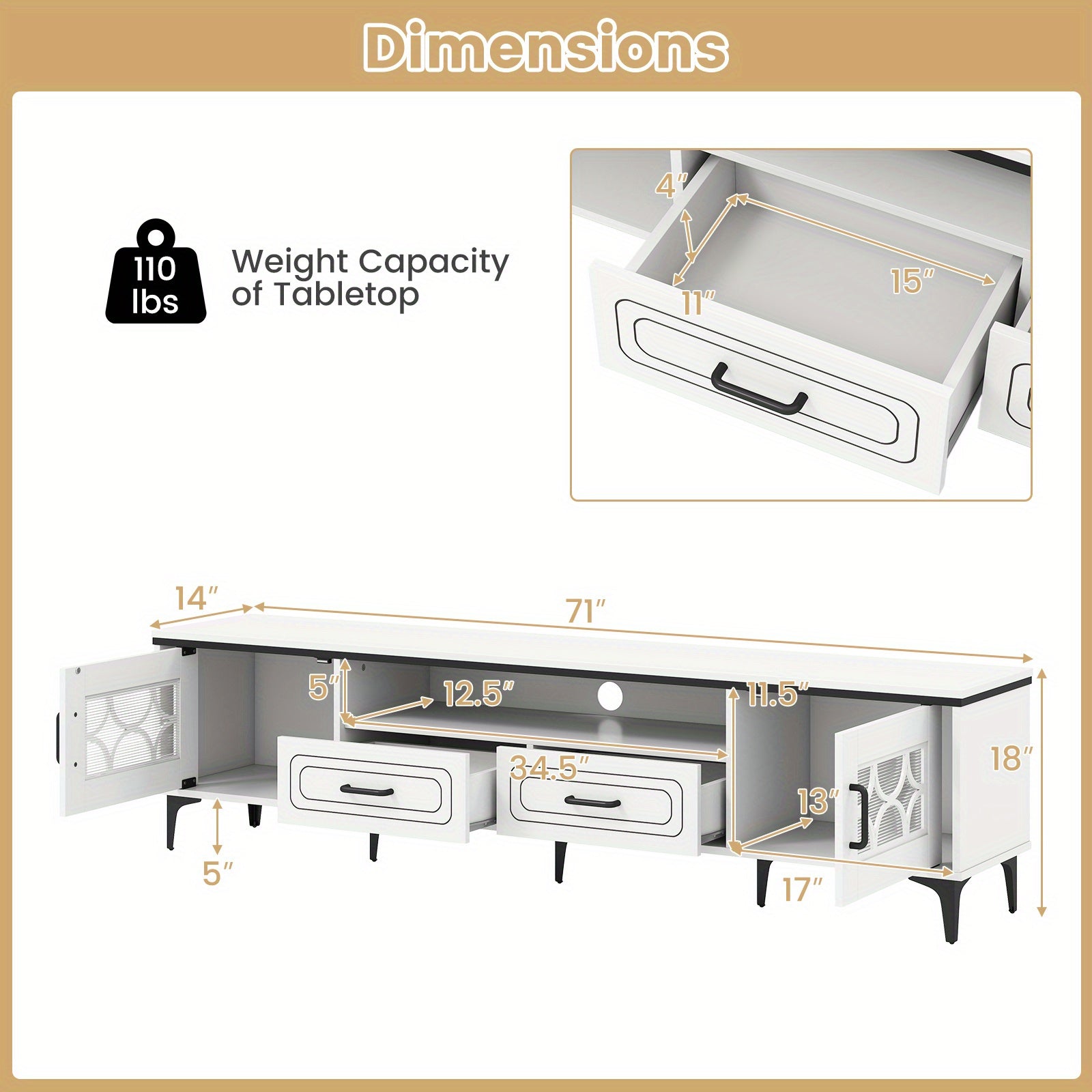 LIFEZEAL 71" TV Stand for Tvs Up to 80" with Open Compartment Side Cabinets And Drawers
