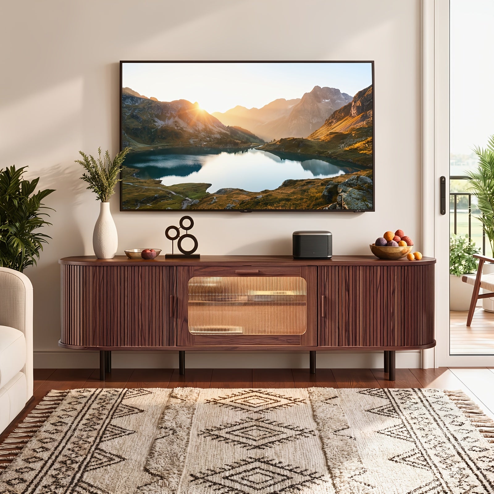 71" TV Stand With Built-in Outlets, Black Entertainment Center With Sliding Door And Glass Door, Adjustable Shelf Media Console For Living Room, Fits 80" TVs, Walnut