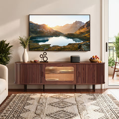 71" TV Stand With Built-in Outlets, Black Entertainment Center With Sliding Door And Glass Door, Adjustable Shelf Media Console For Living Room, Fits 80" TVs, Walnut