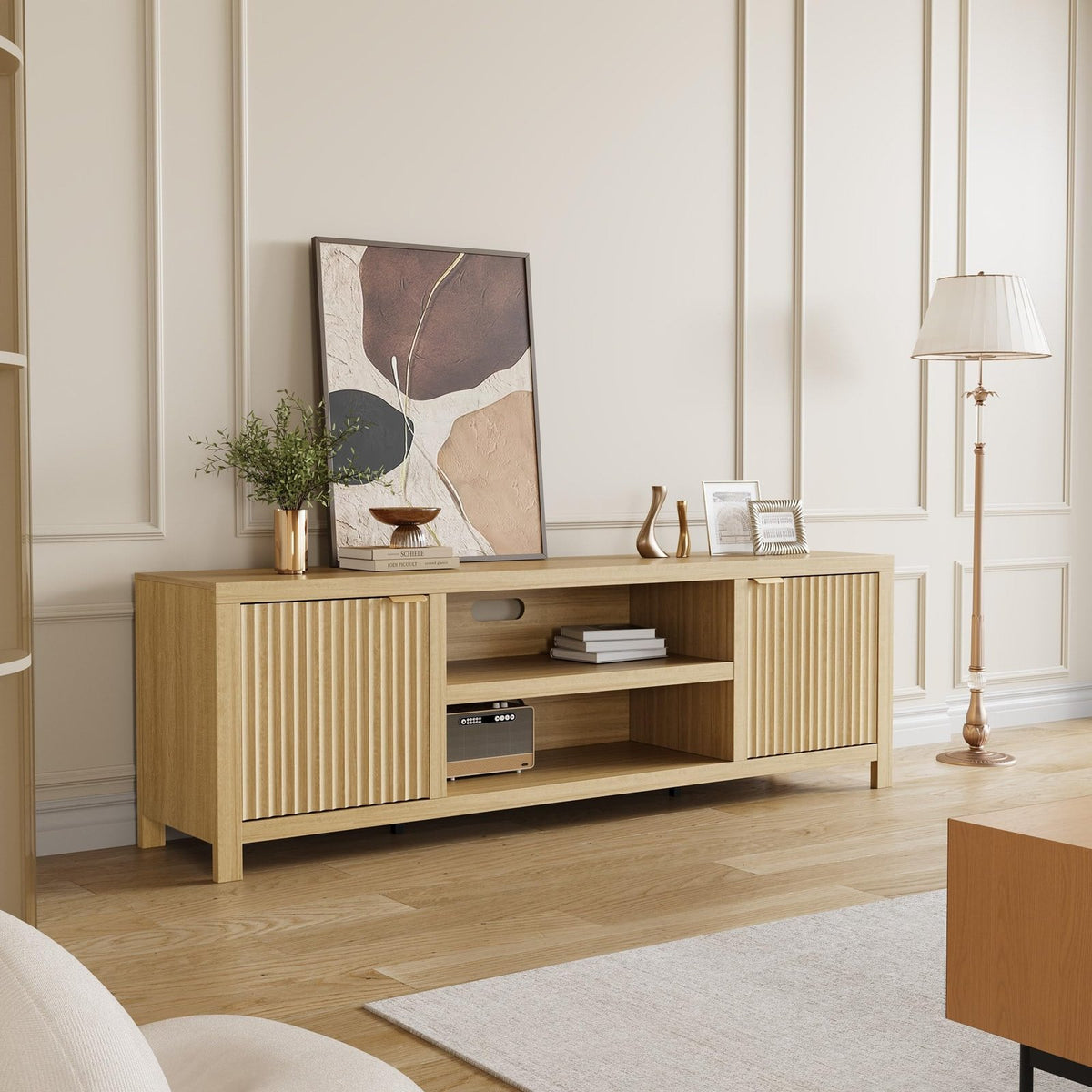 IDEALHOUSE Modern TV Stand for 80-inch TVs Suitable for Living Room & Bedroom, Natural Oak Media Cabinet with Adjustable Shelves, 2-Tier Storage Entertainment Center, Furniture for 80 Inch Screens
