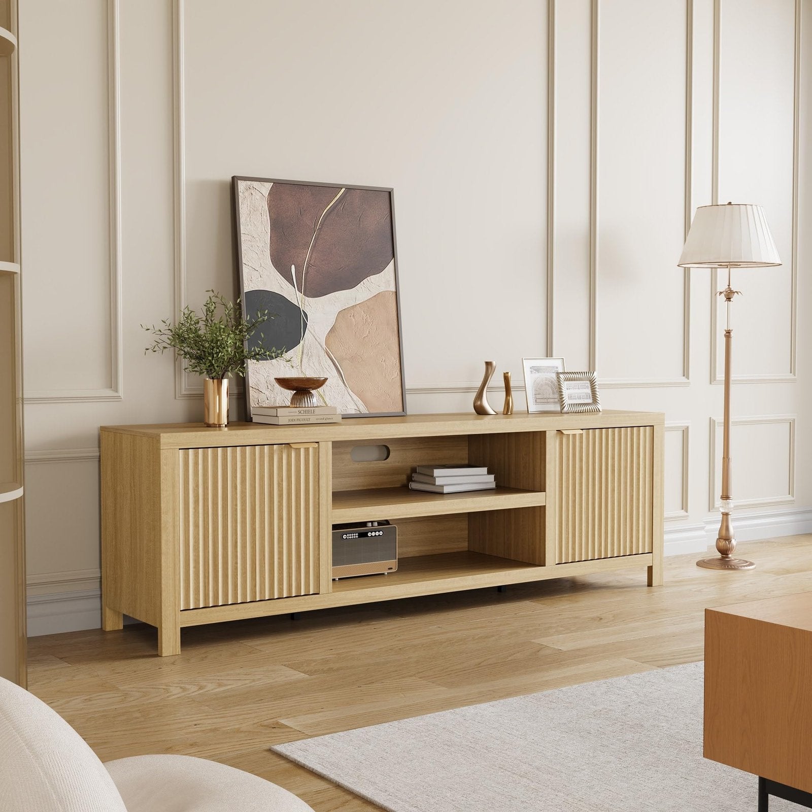 IDEALHOUSE Modern TV Stand for 80-inch TVs Suitable for Living Room & Bedroom, Natural Oak Media Cabinet with Adjustable Shelves, 2-Tier Storage Entertainment Center, Furniture for 80 Inch Screens