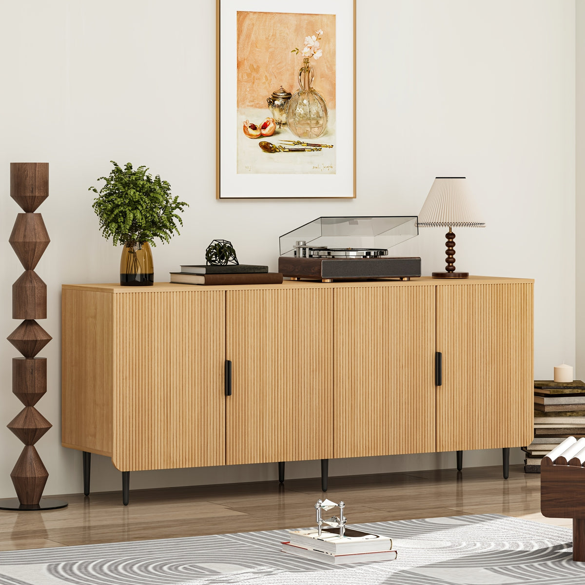 Contemporary Television Stand Suitable for 70 to 80-Inch Screens, Featuring a 66-Inch Sideboard Buffet Storage Unit with Four Doors And Adjustable Shelves. This Wooden TV Console Table Offers Ample Storage And Serves Multiple Purposes