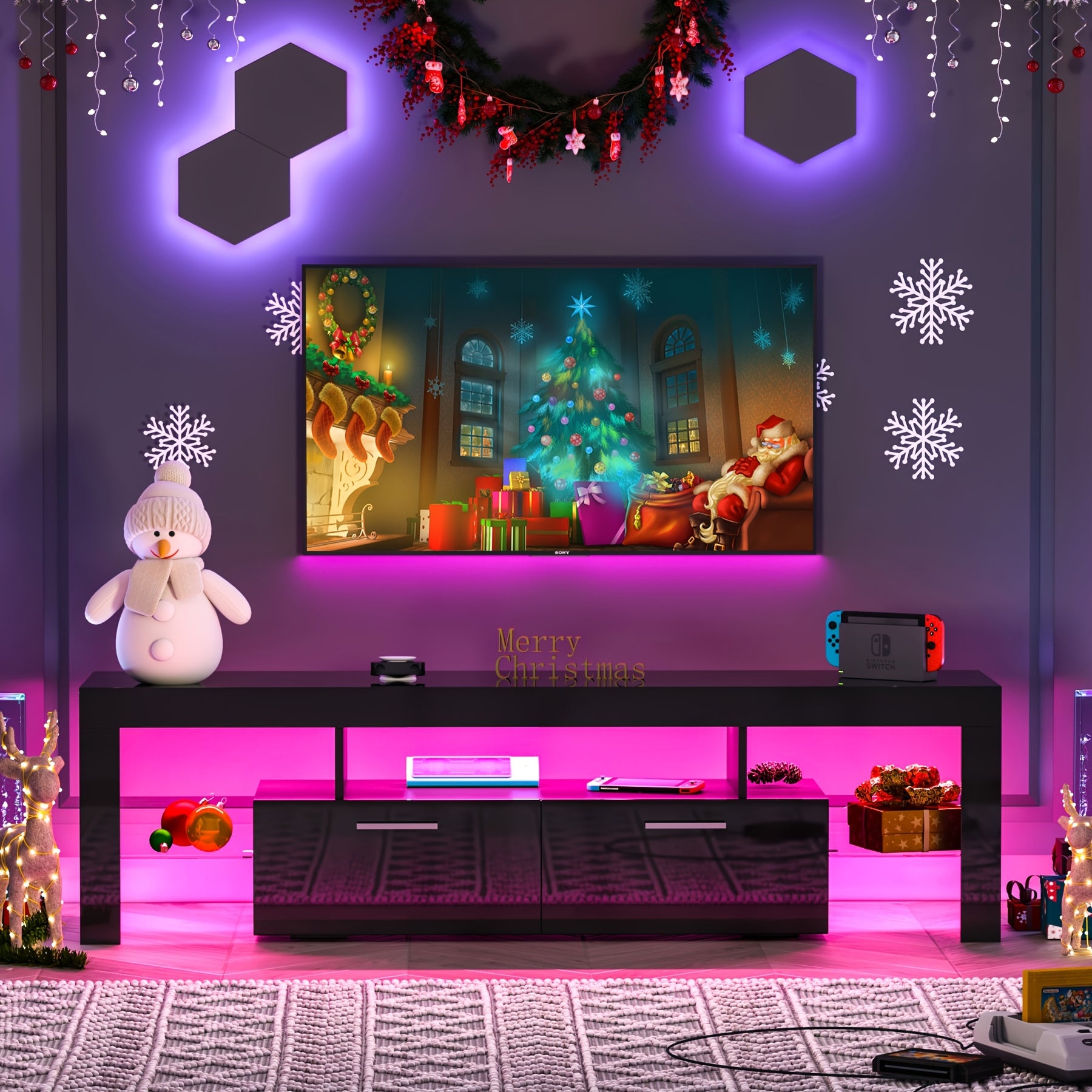 71" Black TV Stand for 55/65/75/80 Inch TVs, High Gloss LED Entertainment Center with Large Storage, Gaming Media Console TV Stand with Cabinet for PS5, Modern TV Table with Glass Shelves for Living Room, Bedroom, Game Room, Tv Stand For Living Room, Tv