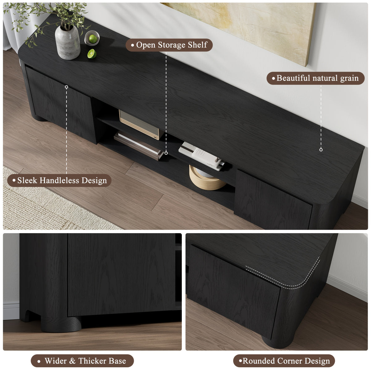 Modern 70" TV Stand for TVs Up to 80, Wooden Entertainment Center with Rounded Corners Design and Thickened Base for Living Room, Hallway