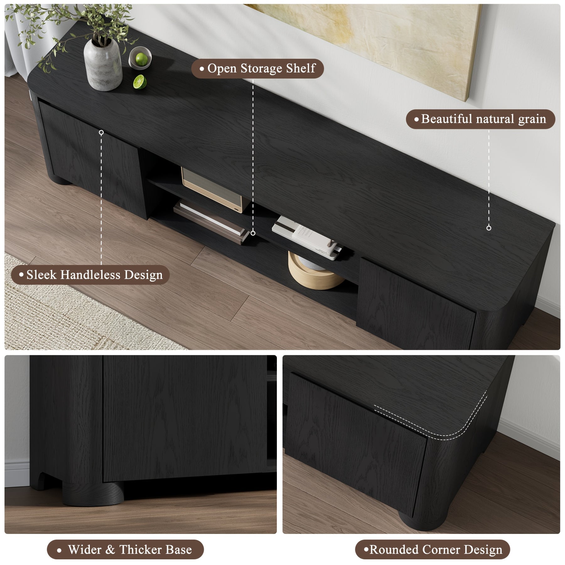 Modern 70" TV Stand for TVs Up to 80, Wooden Entertainment Center with Rounded Corners Design and Thickened Base for Living Room, Hallway