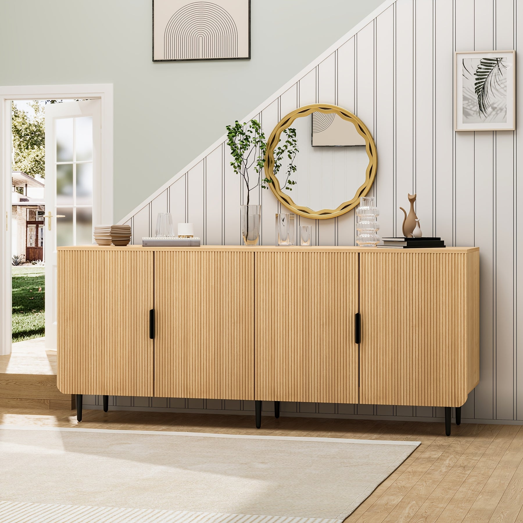 Contemporary Television Stand Suitable for 70 to 80-Inch Screens, Featuring a 66-Inch Sideboard Buffet Storage Unit with Four Doors And Adjustable Shelves. This Wooden TV Console Table Offers Ample Storage And Serves Multiple Purposes