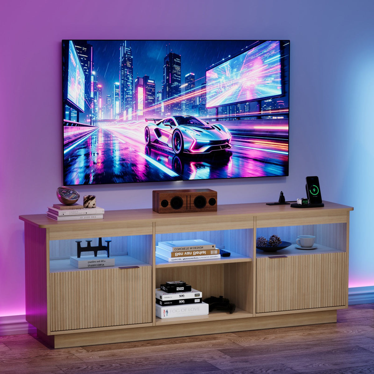 70" Mid Century Modern TV Stand with Storage Suitable for TVs Up to 80", Fluted Media Console Entertainment Center with Walnut (Non-Wood), Assembly Living Room Furniture for Media Consoles & Electronics Display