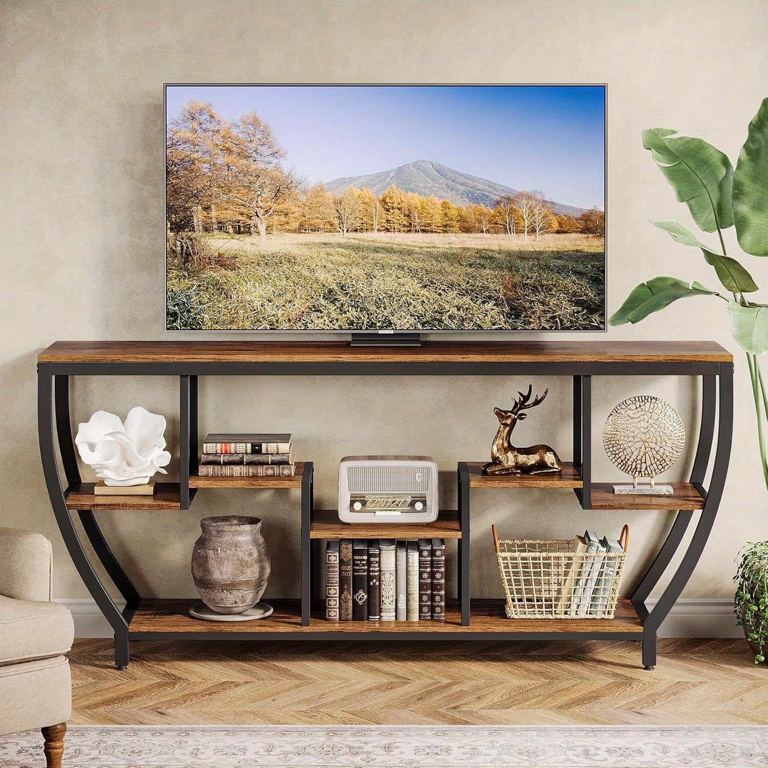 70.9" Extra Long TV Stand for up to 80" TVs, Heavy-Duty Entertainment Center with Storage Shelves, Rustic Brown Media Console - Sturdy MDF & Metal Construction, Living Room, Bedroom, Home Theater Furniture - Easy Assembly, Tv Console for Living Room, Bed