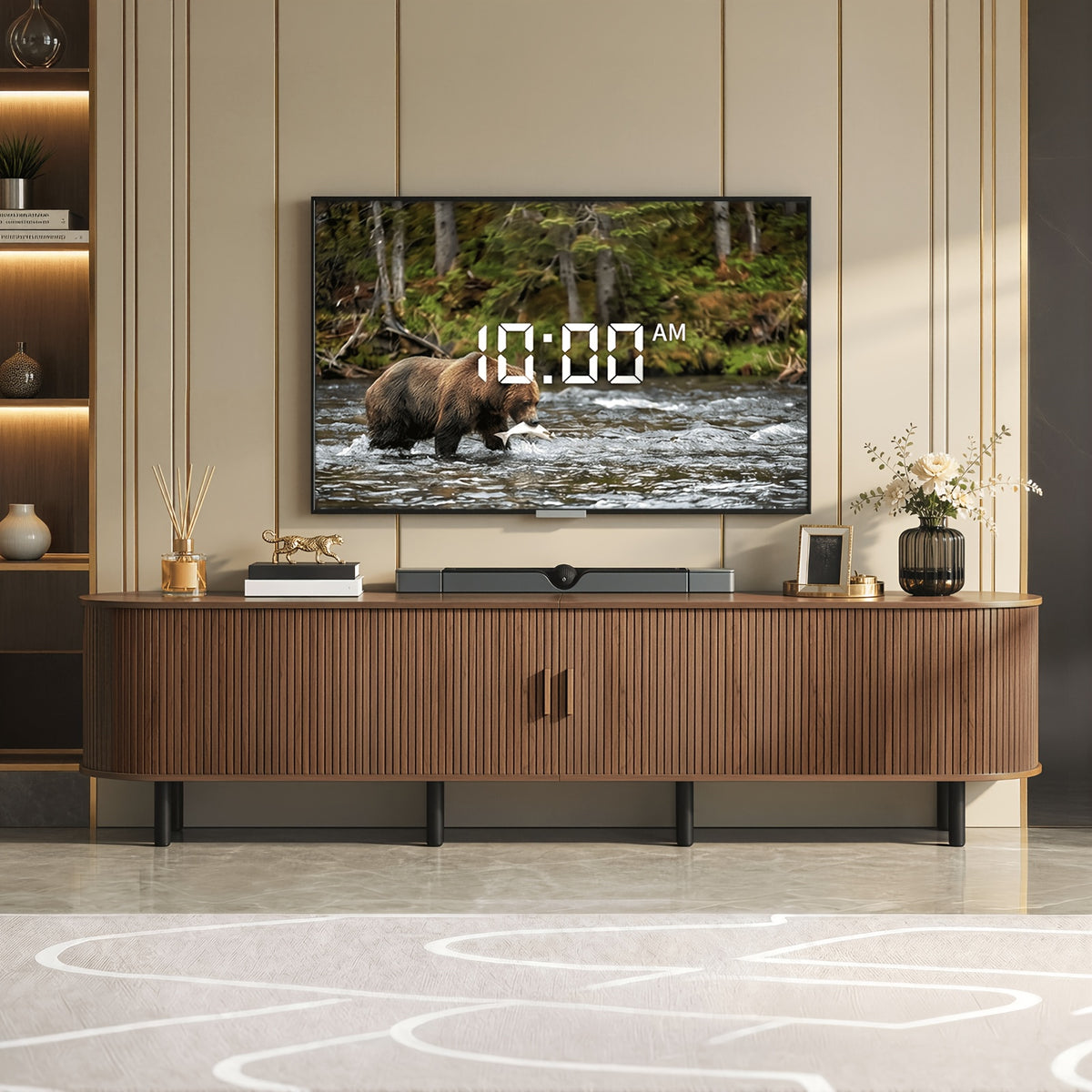 87.5 Inch Large TV Stand with Power Outlet, Modern Entertainment Center with Sliding Doors & Adjustable Shelves for TVs Up to 90", Classic Brown